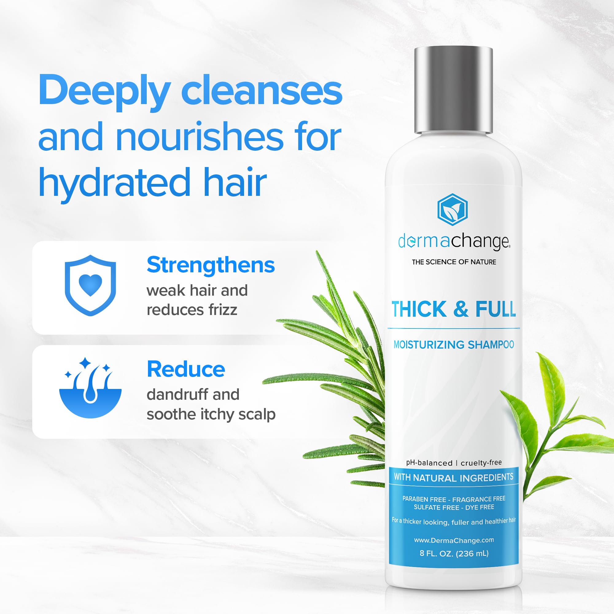 DermaChange Shampoo, brillance et volume accrus pour cheveux colorés.