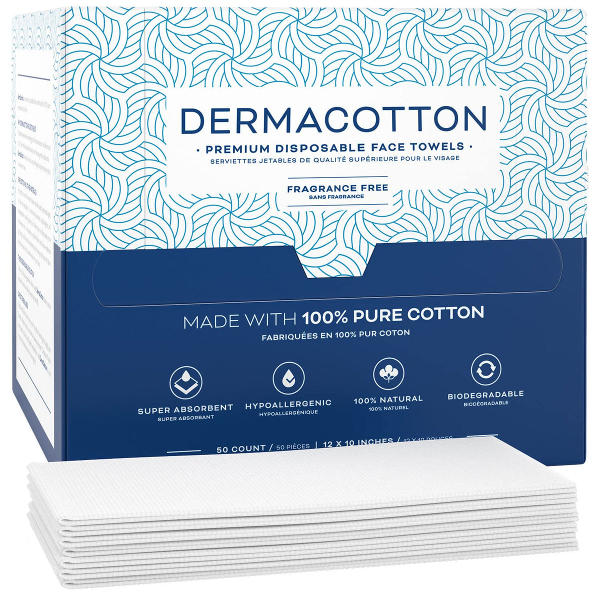 Dermacotton serviettes visage extra grandes, propreté instantanée à chaque utilisation.