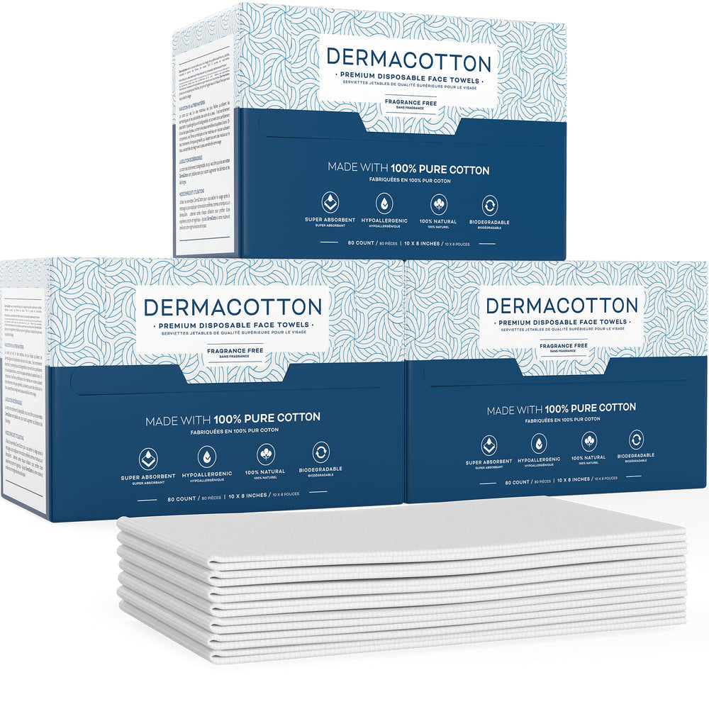 Dermacotton serviettes visage jetables en coton pur pour un nettoyage sans résidu.