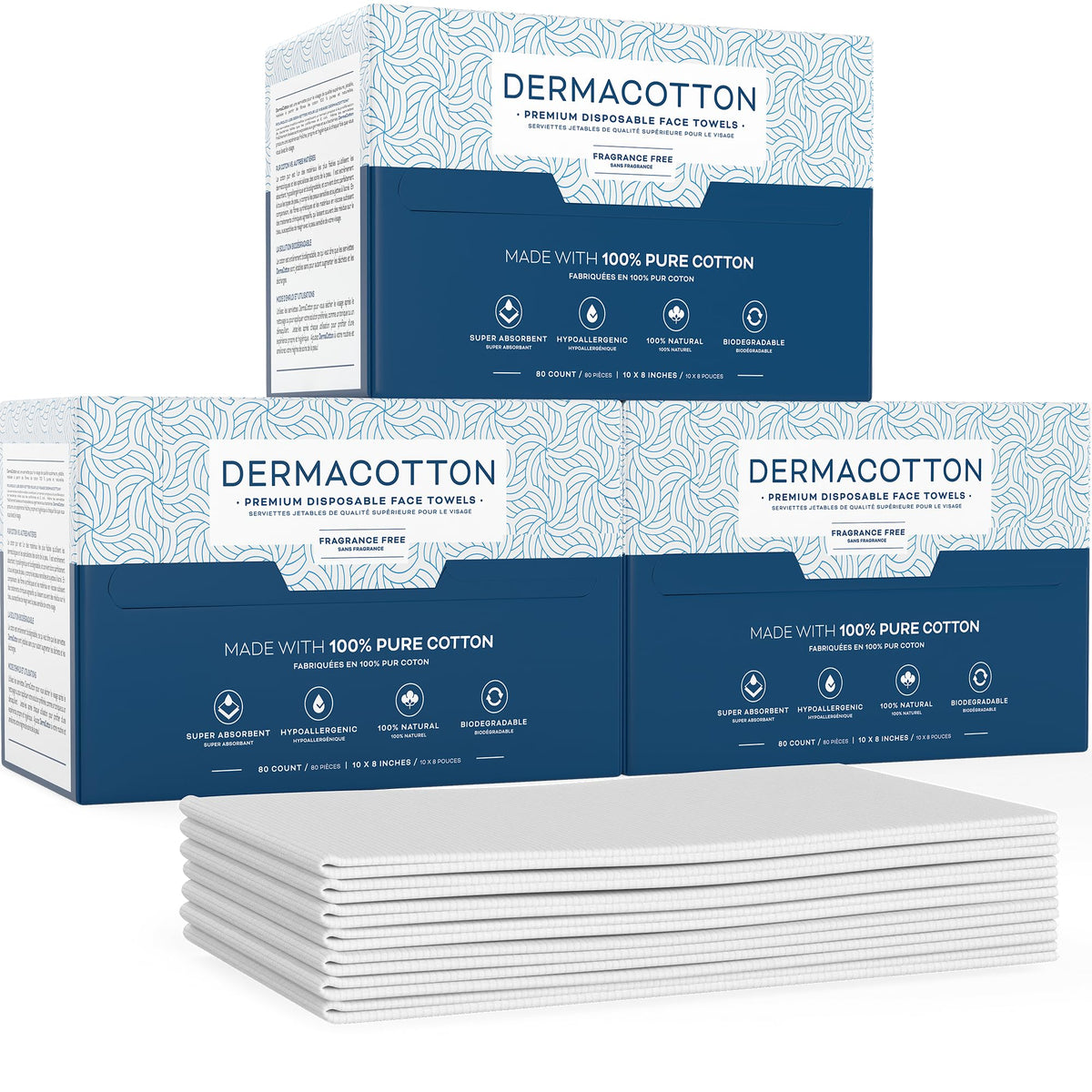 Dermacotton serviettes visage jetables en coton pur pour un nettoyage sans résidu.