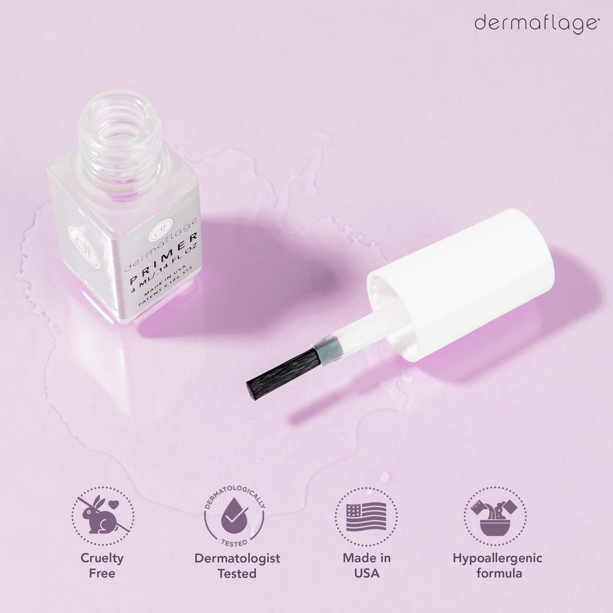 Packaging en verre Dermaflage avec bouchon et capuchon.