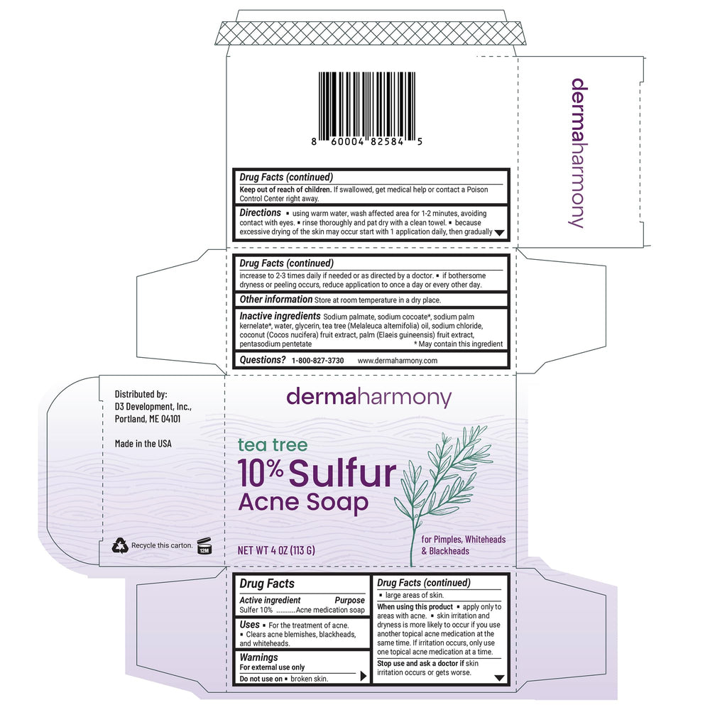DermaHarmony savon soufre huile arbre-a-the, démonstration soin ciblé des pores.