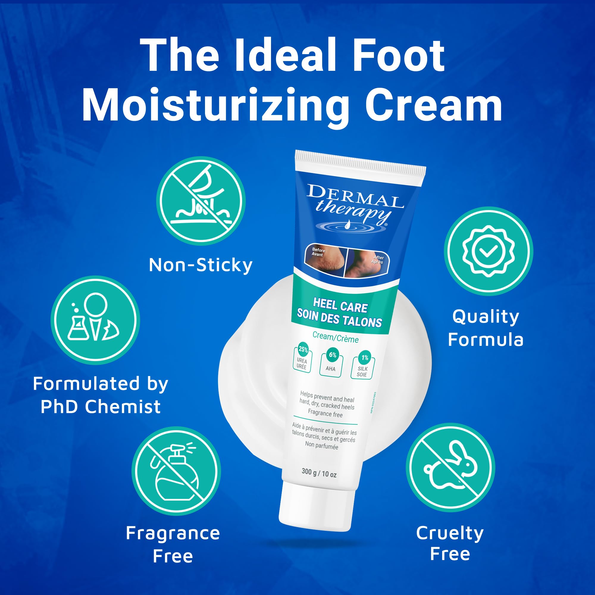 Acides aminés de soie dans la Crème Pieds Dermal Therapy nourrissent et raffermissent.