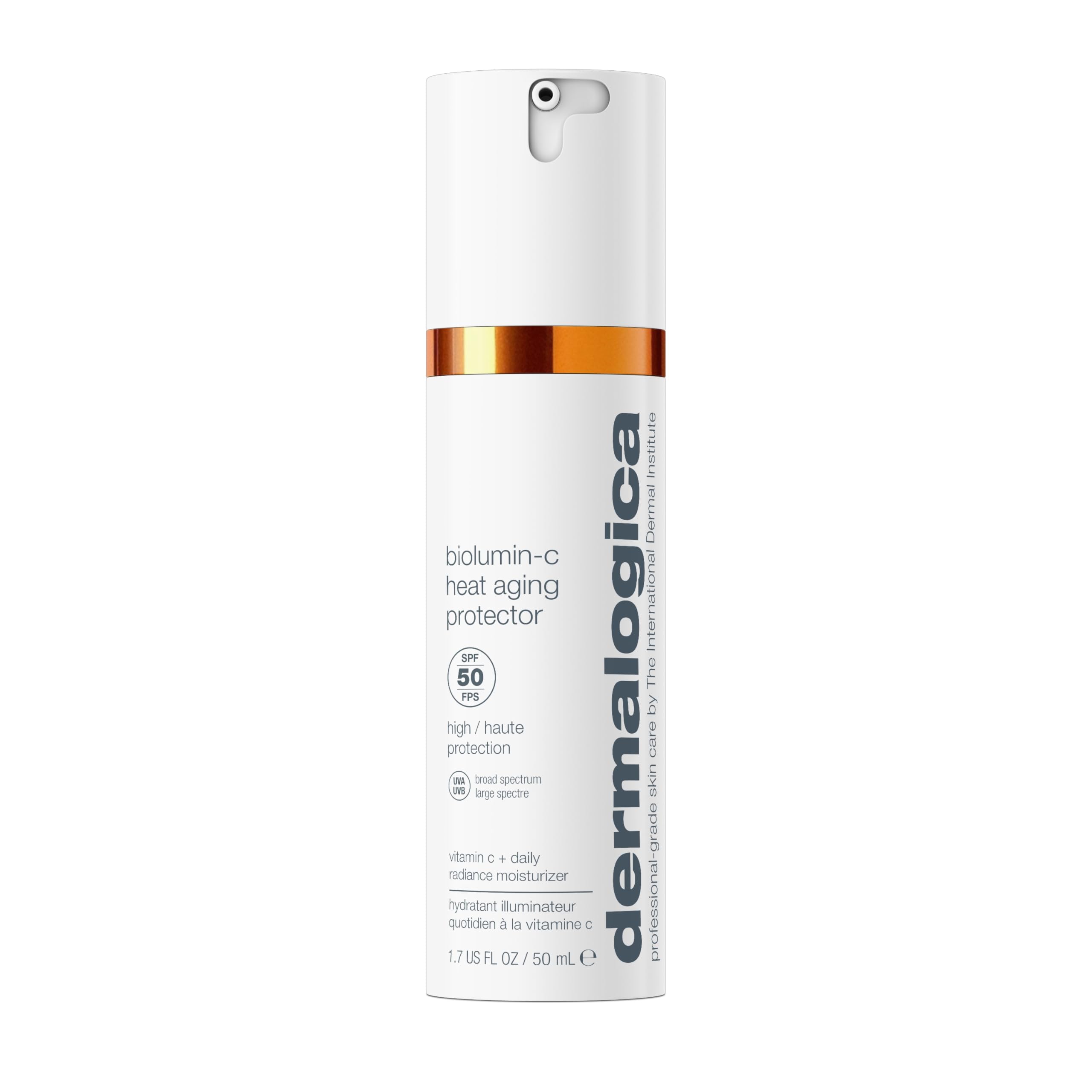 Dermalogica BioLumin-C Heat Aging Protector SPF 50 – flacon en avant-plan, protection solaire quotidienne.
