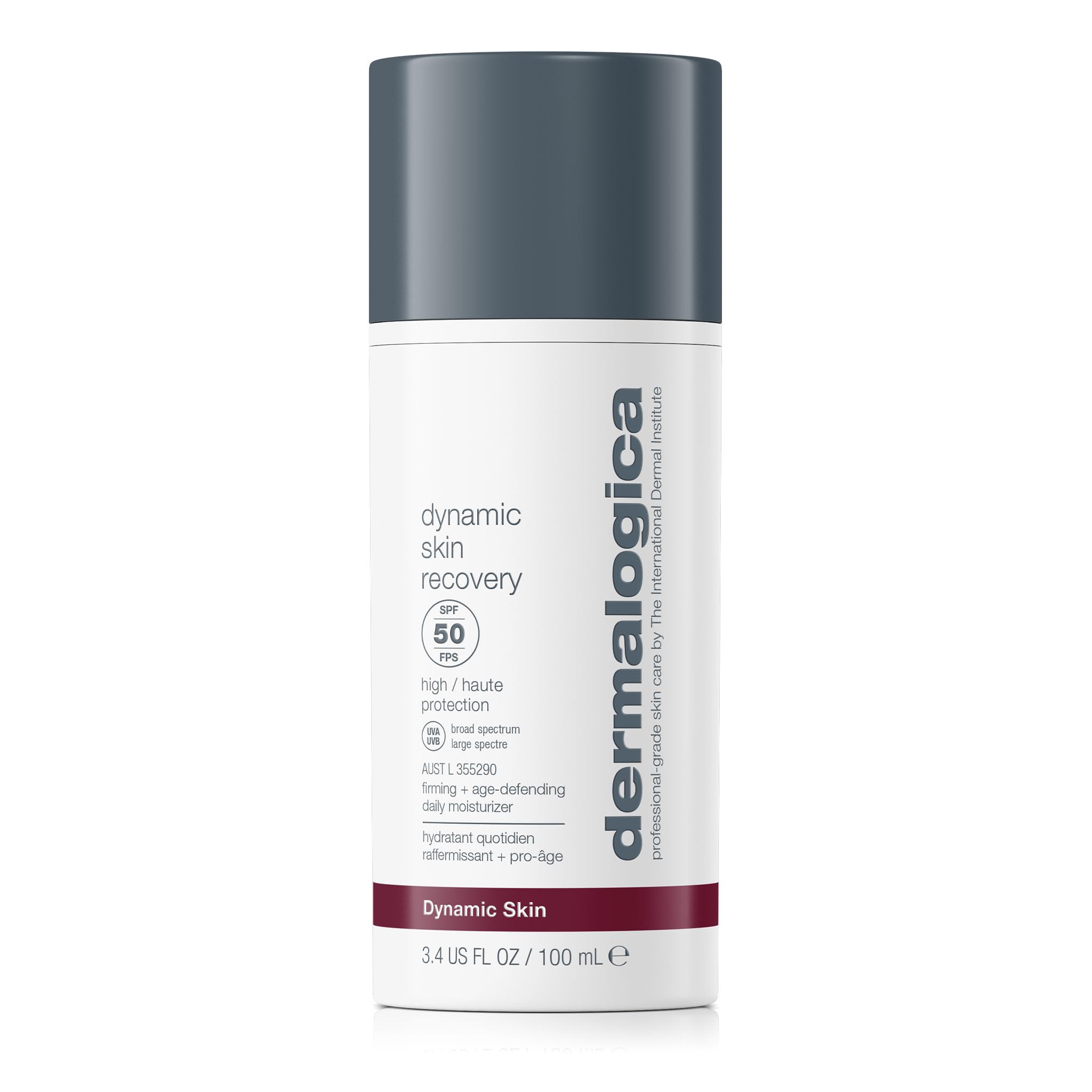 Dermalogica Dynamic Skin Recovery SPF50 — bouteille pratique, protection solaire quotidienne sans fini gras.