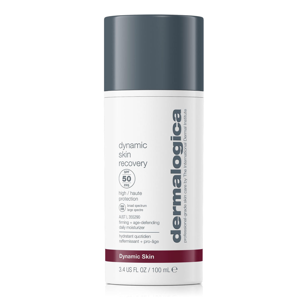 Dermalogica Dynamic Skin Recovery SPF50 — bouteille pratique, protection solaire quotidienne sans fini gras.