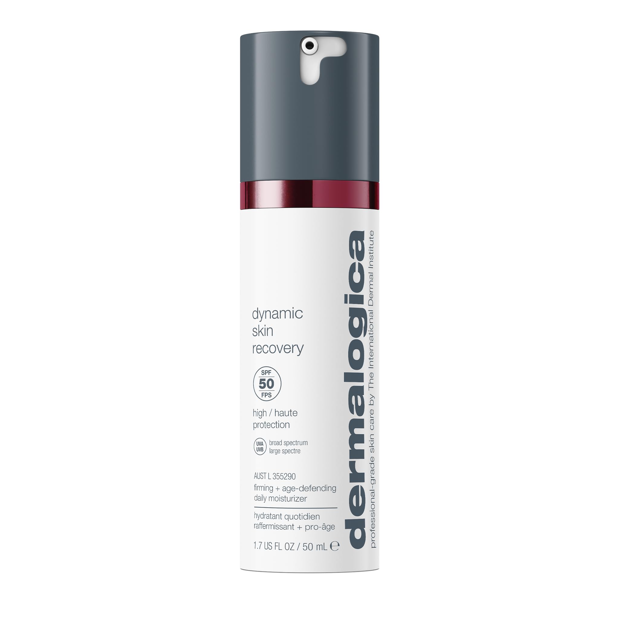 Dermalogica Dynamic Skin Recovery SPF50, bouteille: hydratation durable et protection UV.