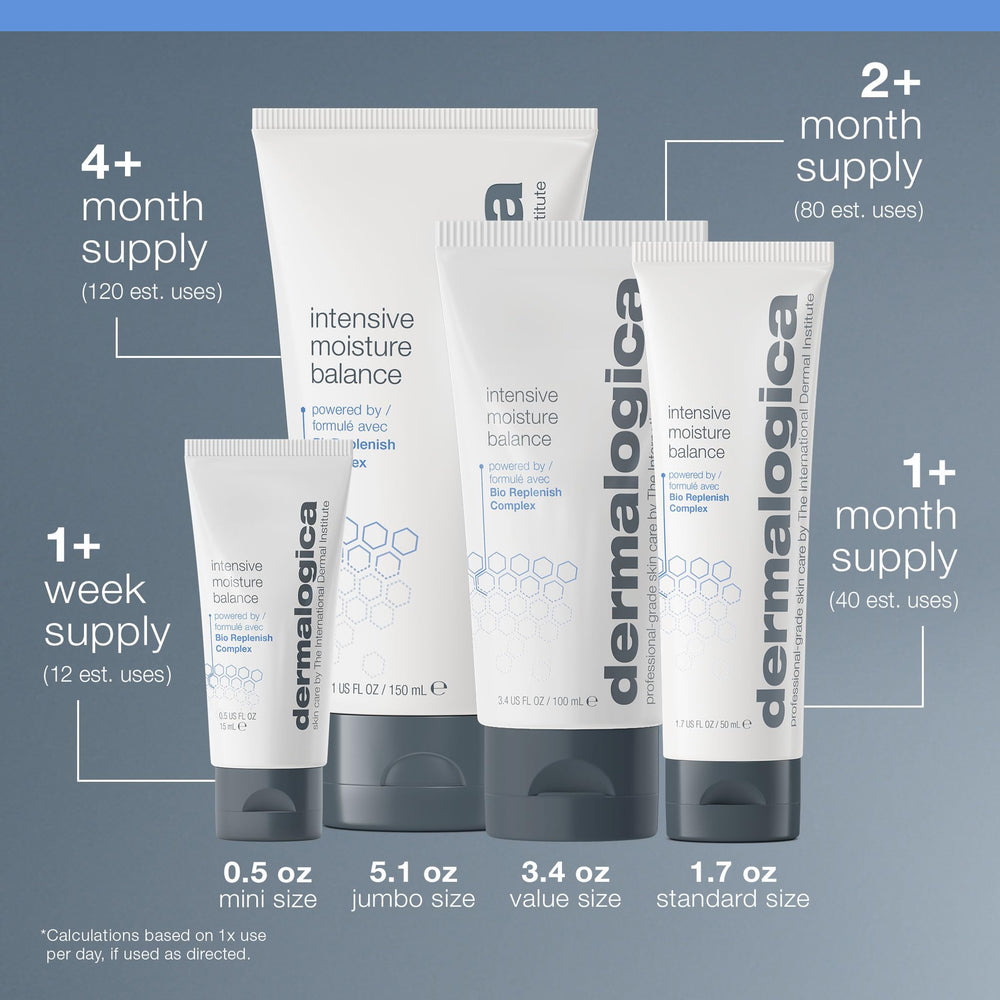 Emballage compact sur fond neutre, Dermalogica Intensive Moisture Balance, produit pratique en voyage.