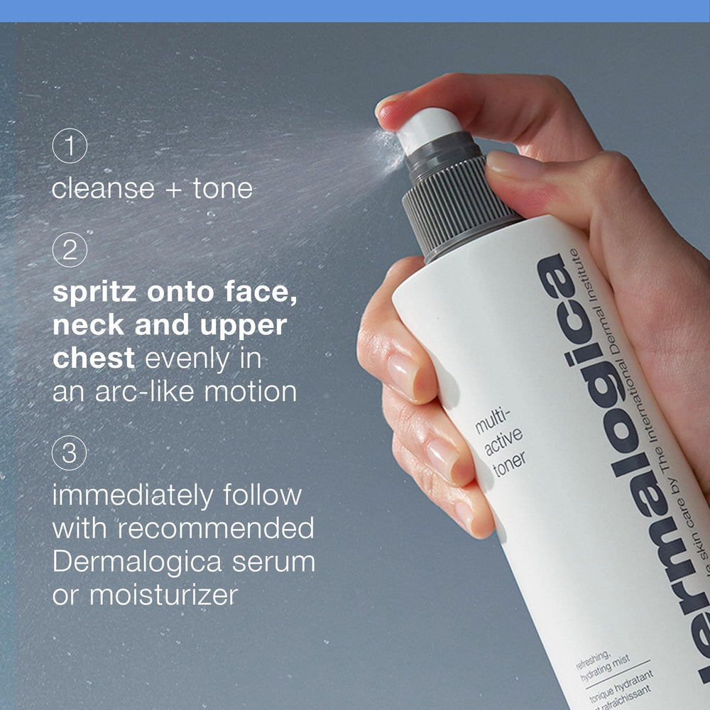 Après nettoyage, Dermalogica Multi-Active Toner prépare la peau à l'hydratation.