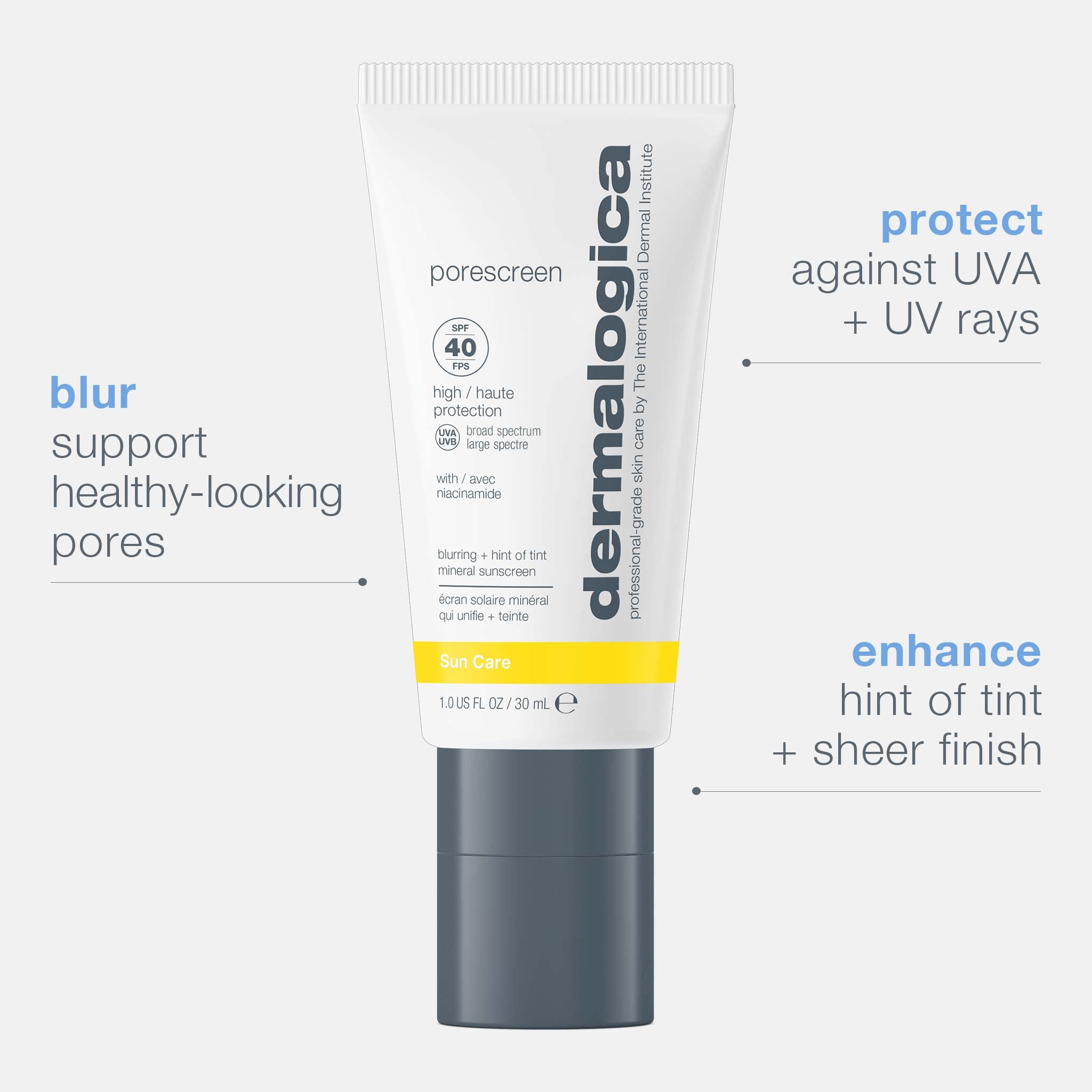 Dermalogica Porescreen SPF40 – Teinte légère pour un teint homogène sans effet blanc.