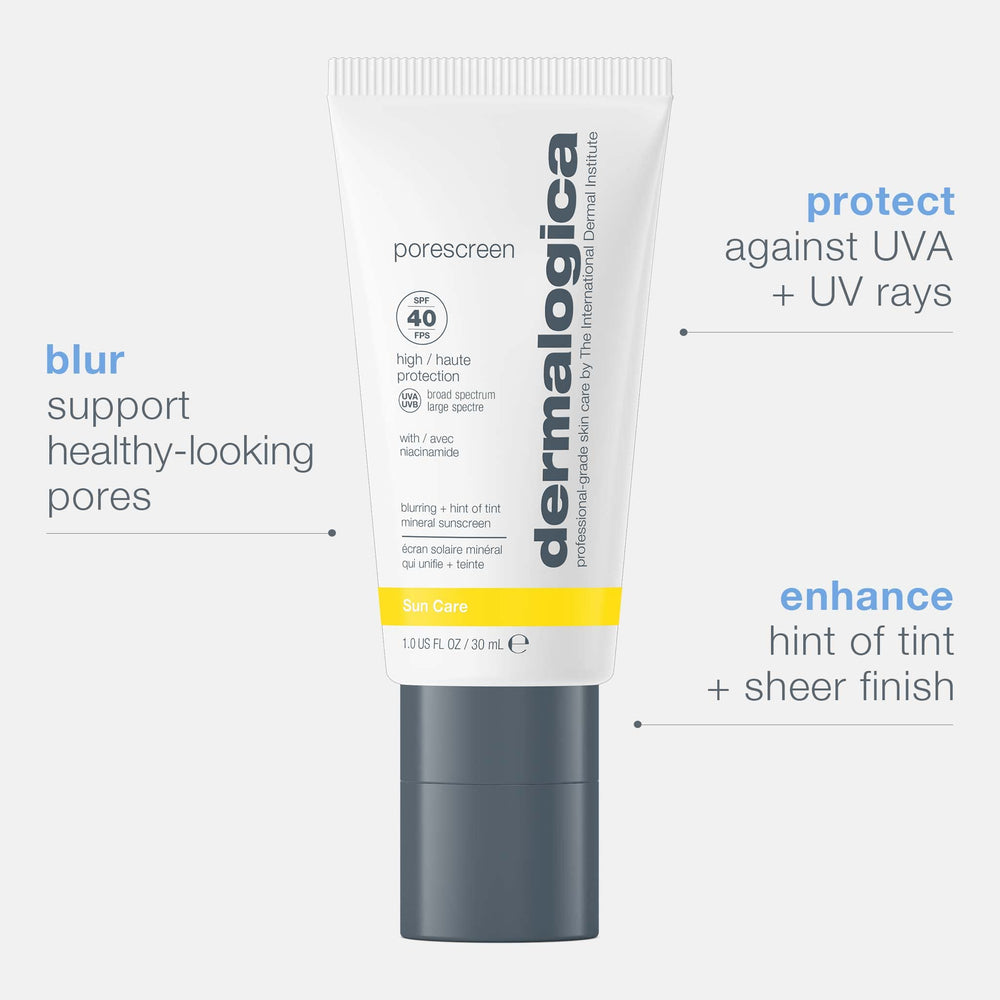Dermalogica Porescreen SPF40 – Teinte légère pour un teint homogène sans effet blanc.