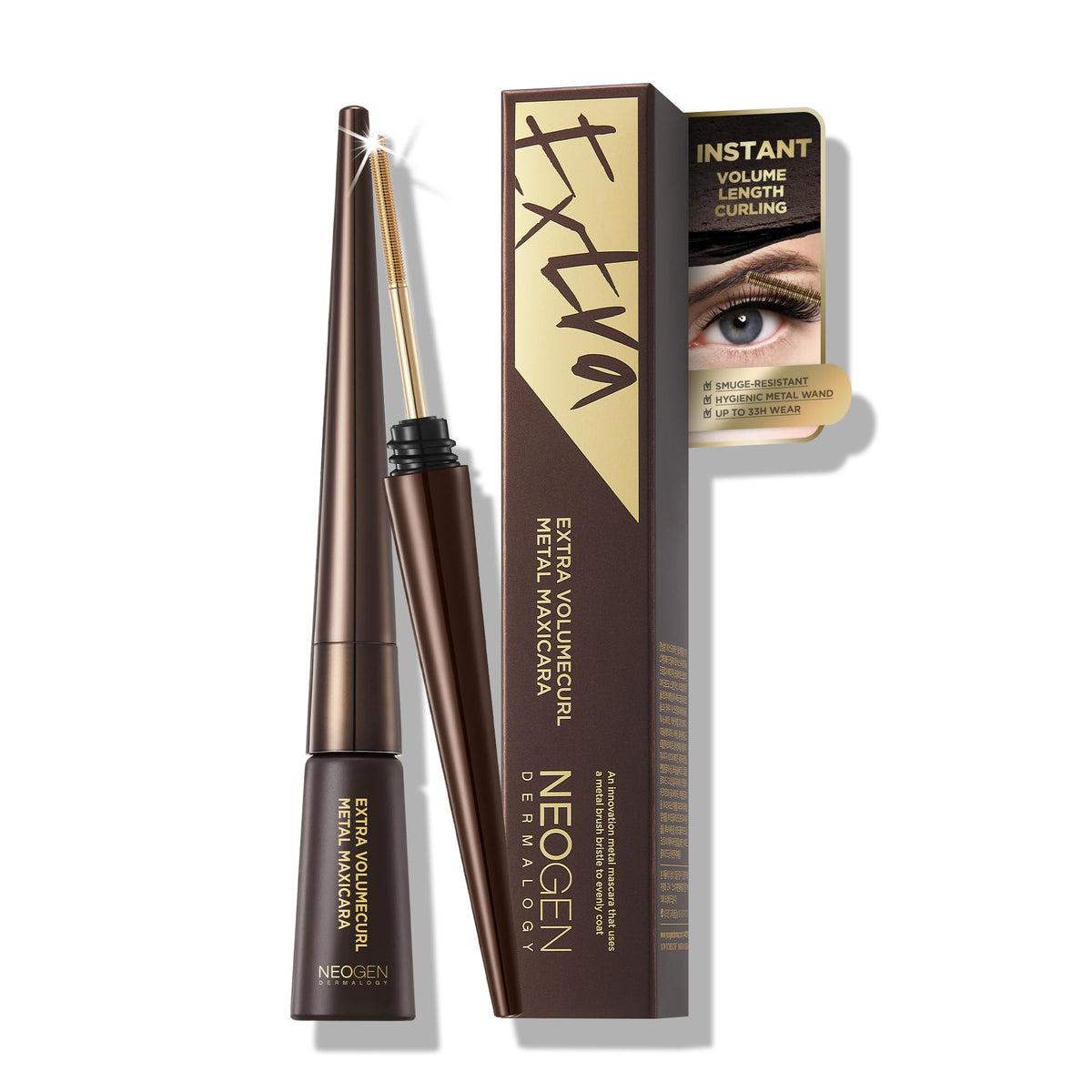 Dermalogy Mascara Extra Volume Courbe avec brosse metallique pour cils plus longs.