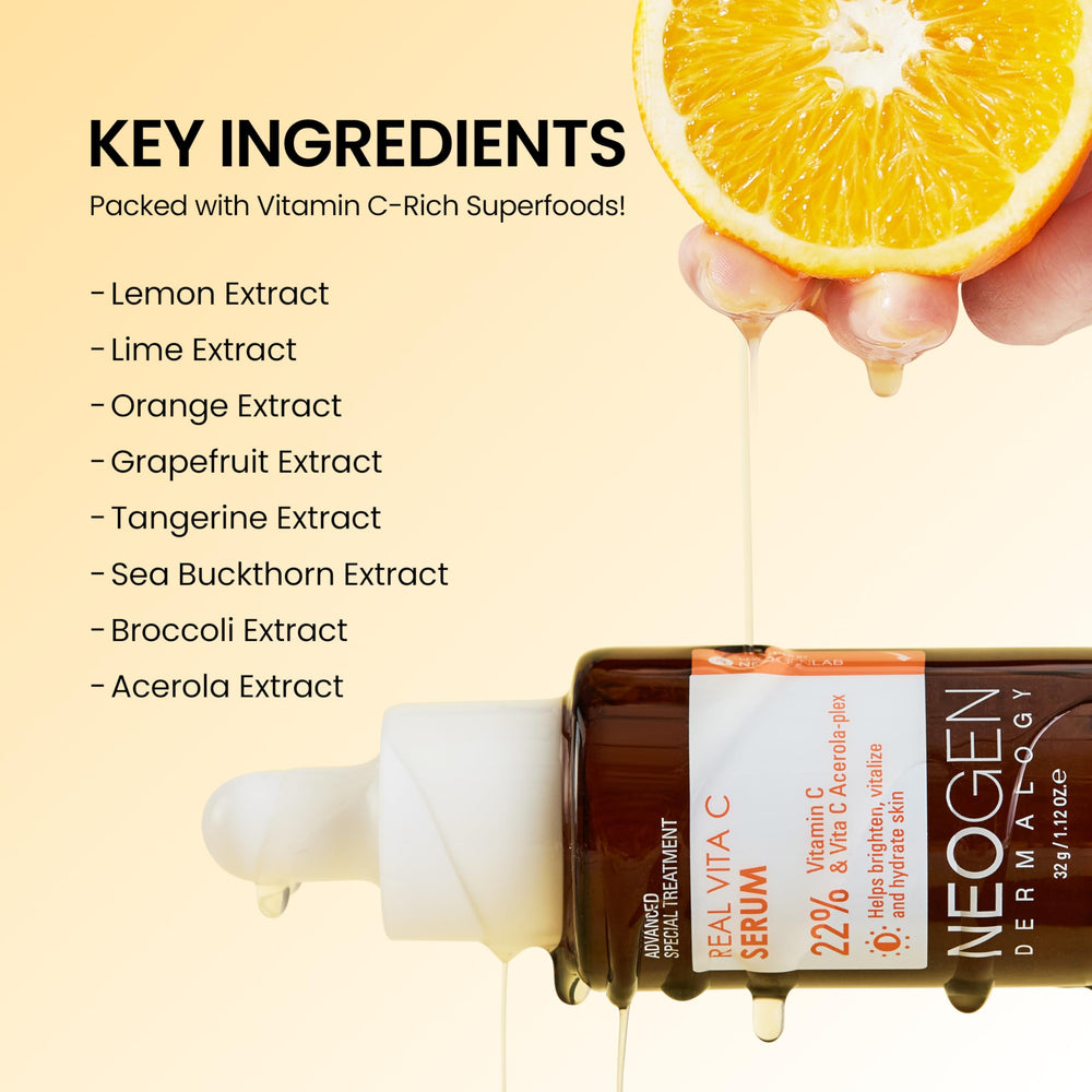 Dermalogy NEOGEN Real Vita C Serum: uniformité du teint prête pour routine matin et soir.