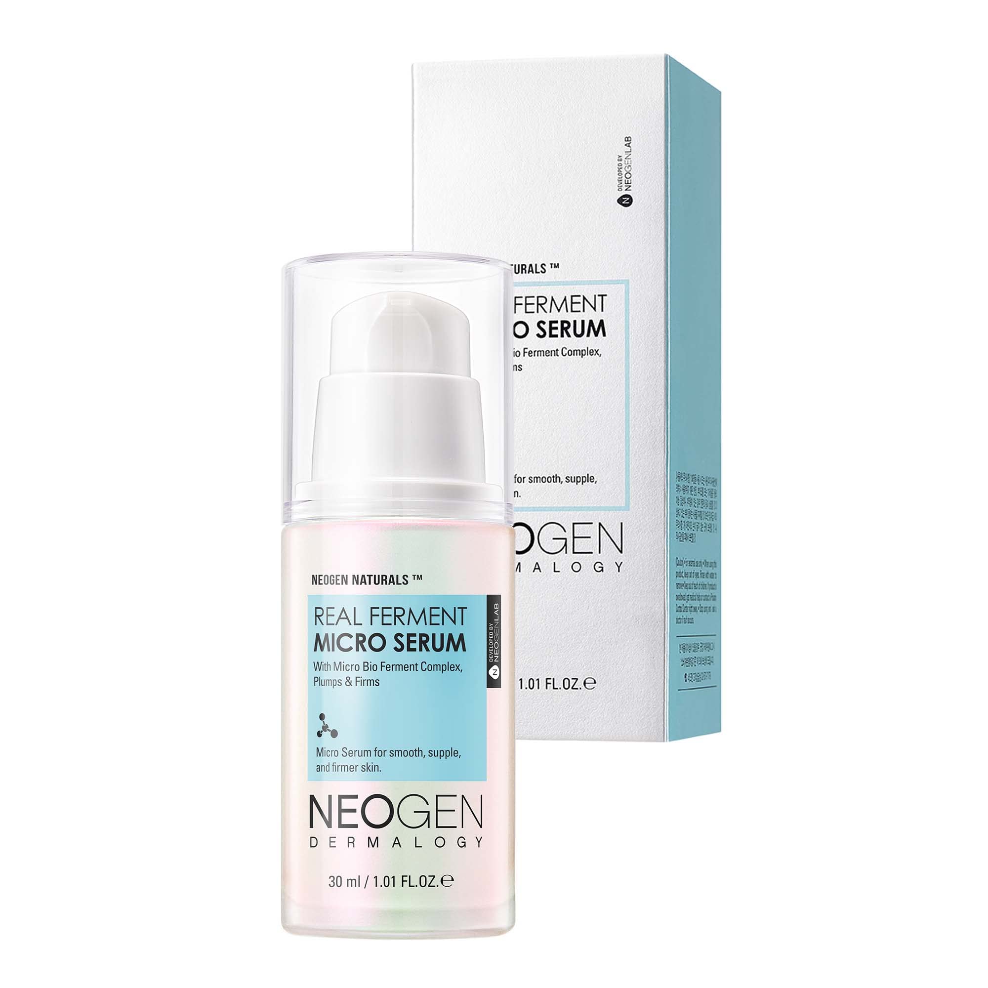Sérum micro fermenté DERMALOGY NEOGENLAB en flacon transparent prêt à hydrater la peau.