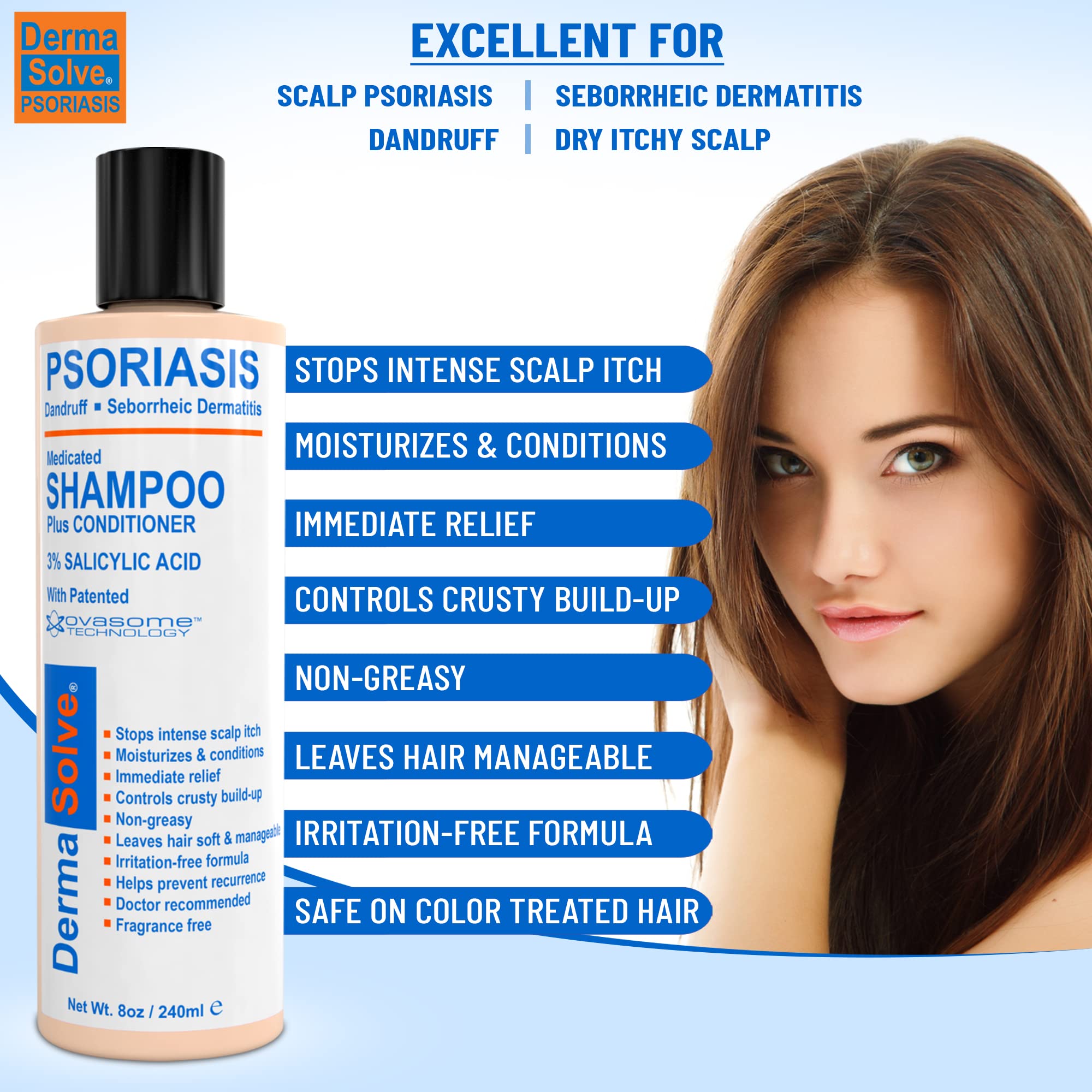 Dermasolve shampoing en action, massage du cuir chevelu pour sensation douce.