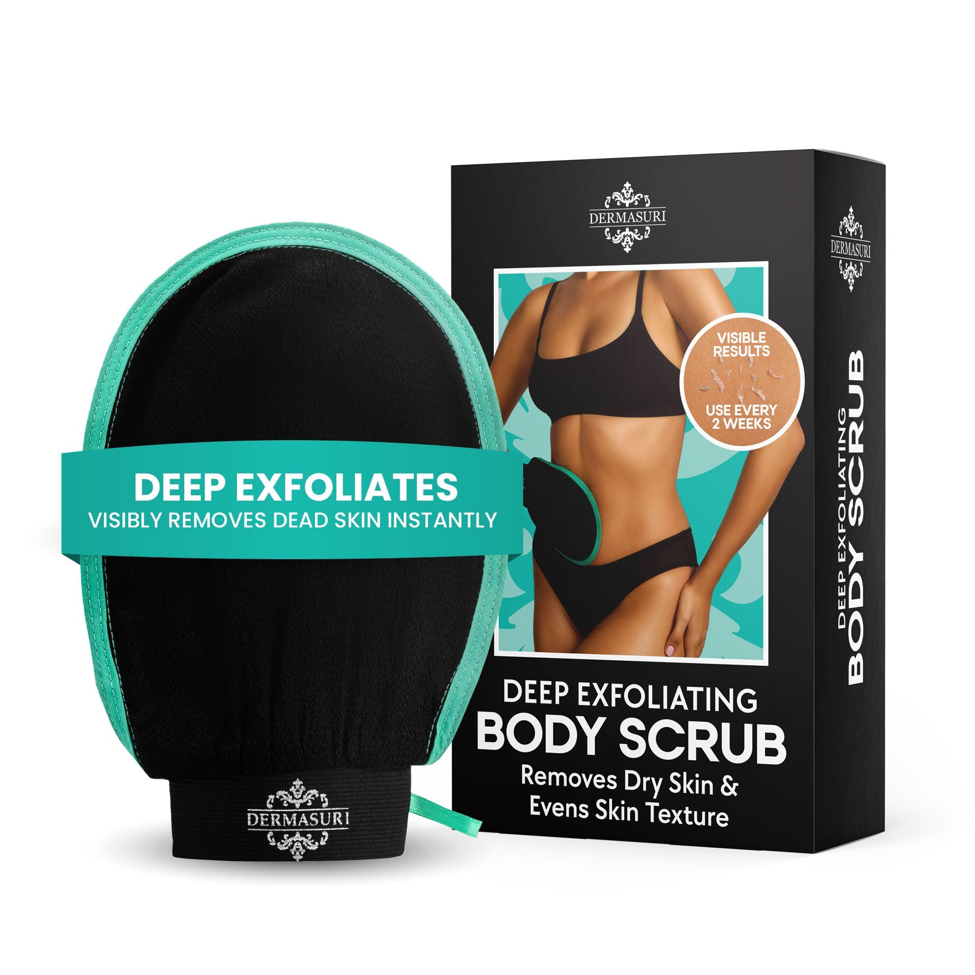 Dermasuri gant exfoliant profond pour douche, peau lisse et lumineuse.