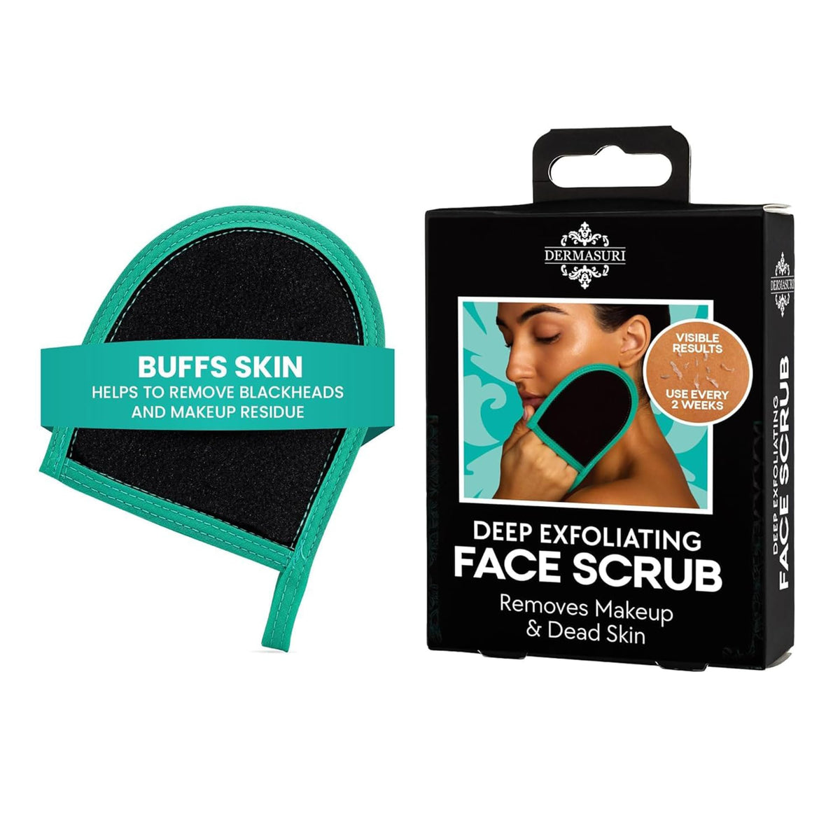 Dermasuri gant exfoliant visage pour douche, peau plus lisse après usage.