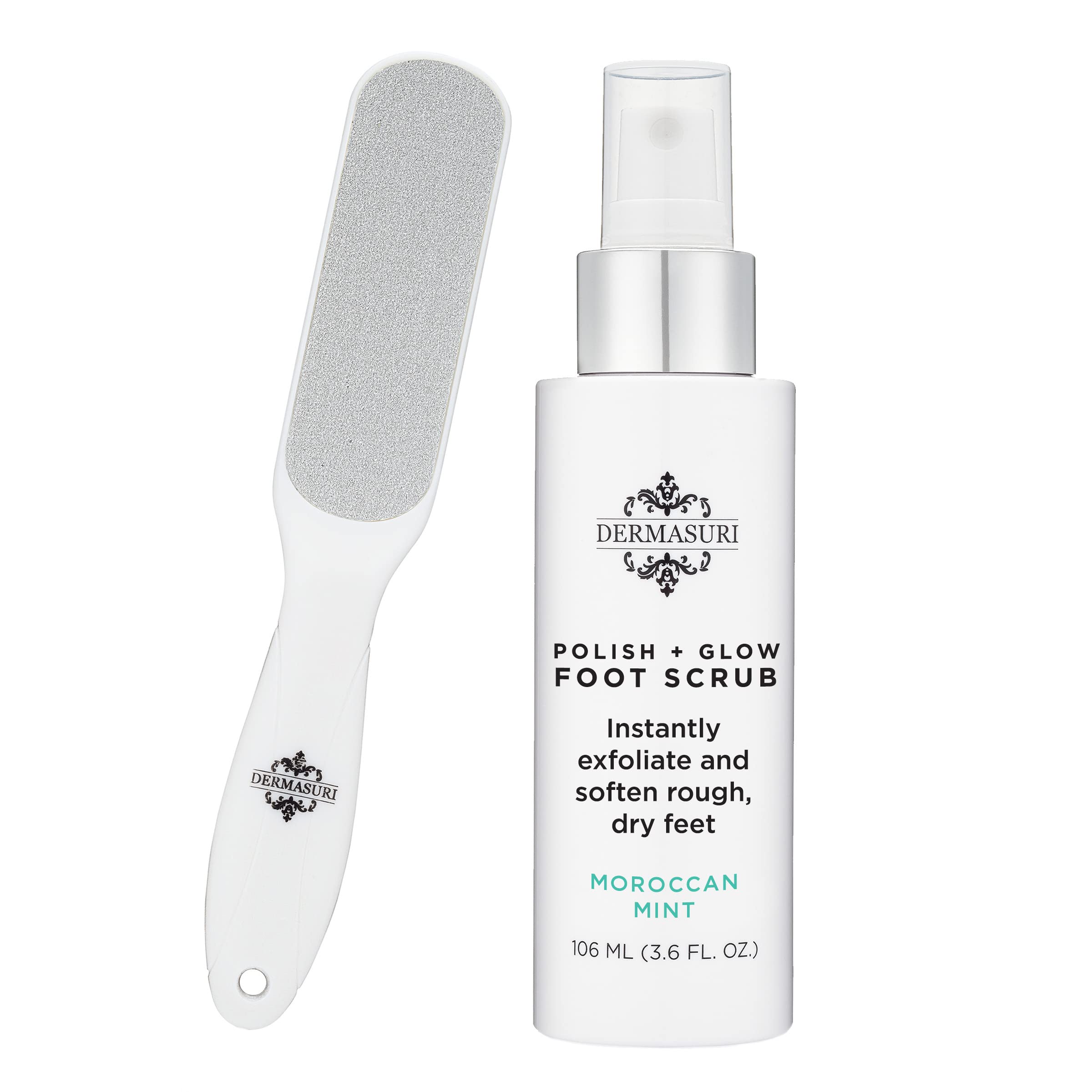 Dermasuri gommage-pieds-spray : exfolie en douceur pour des talons lisses et soignés.
