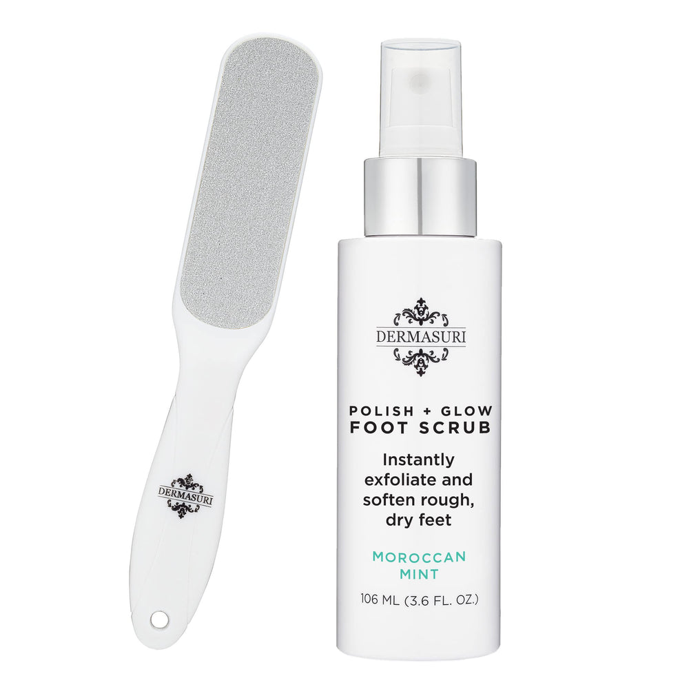 Dermasuri gommage-pieds-spray : exfolie en douceur pour des talons lisses et soignés.