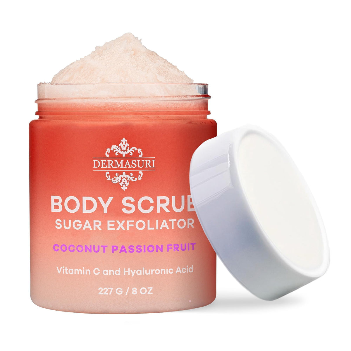 Dermasuri Gommage Sucre Corps, bouteille coco-fruit de la passion, pour une peau fraîche et parfumée.