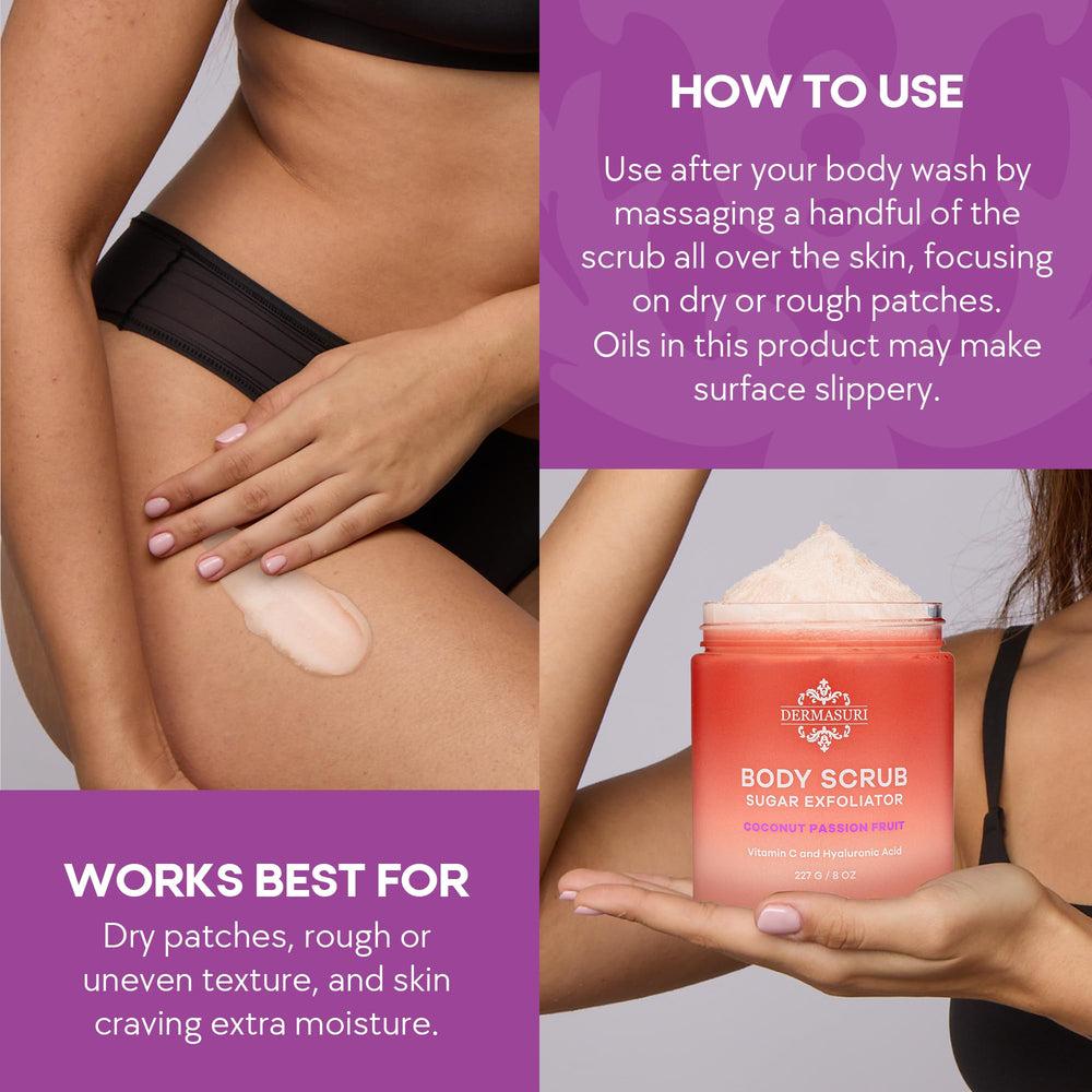 Dermasuri Gommage Sucre Corps, hydratation profonde pour une peau nourrie et souple.
