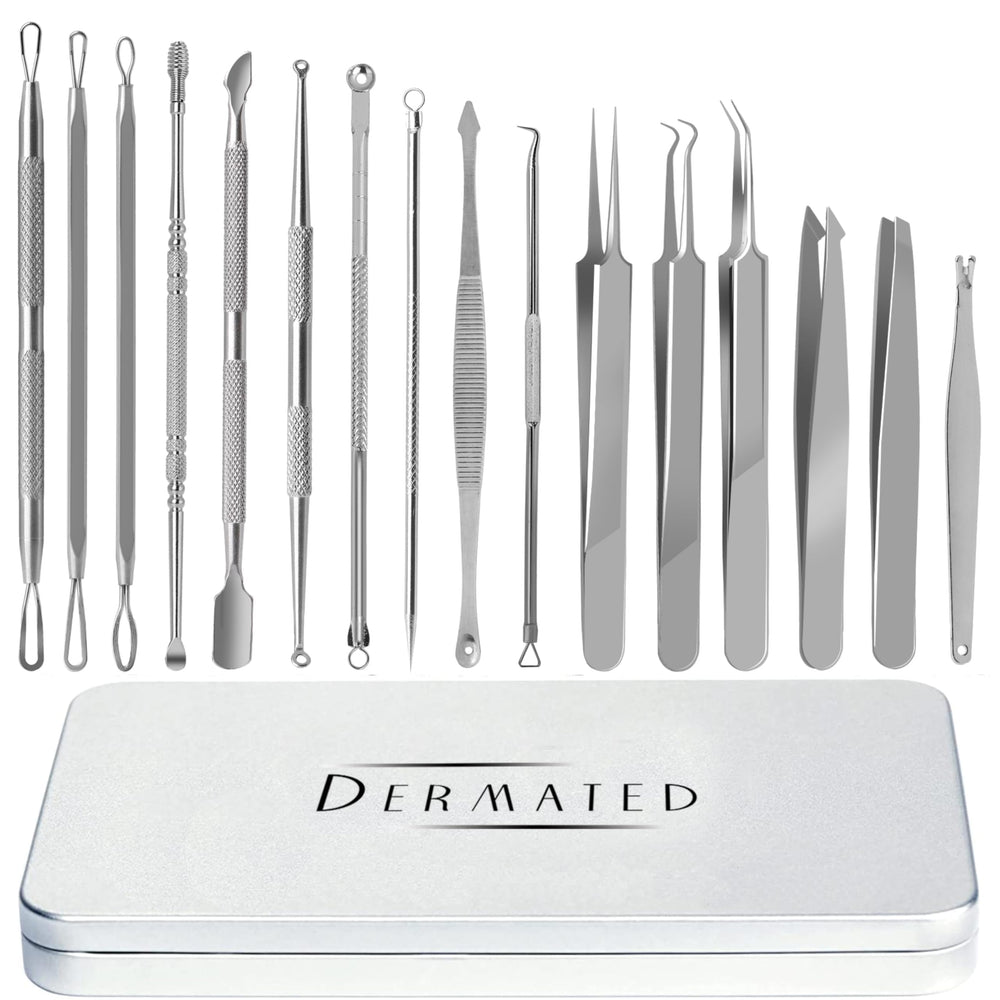 Kit DERMATED 16 outils extracteurs, point noir, extraction précise et hygiénique.