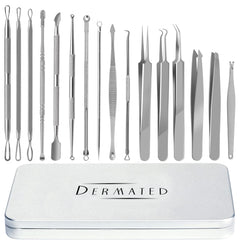 Kit DERMATED 16 outils extracteurs, point noir, extraction précise et hygiénique.