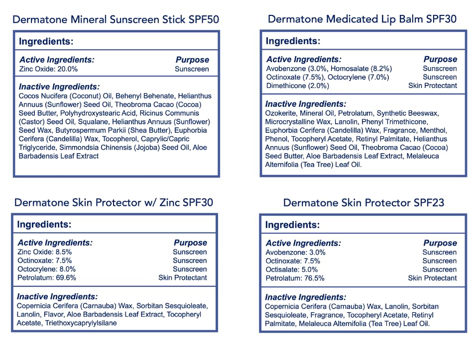Baumes lèvres médicamenteux Dermatone SPF30, soin hydratant et réparateur.