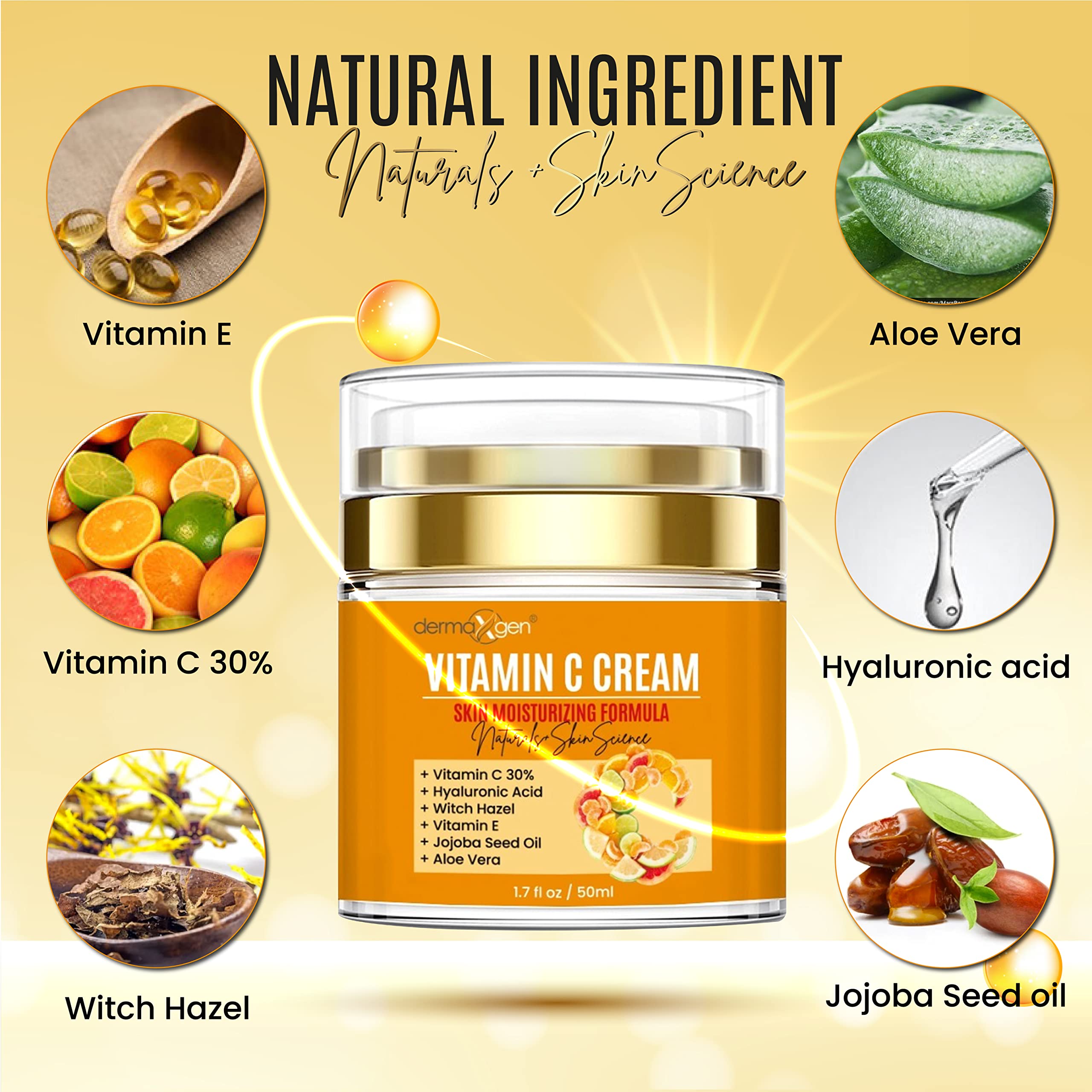 DERMAXGEN Crème vitamine C avec acide hyaluronique pour anti-âge.