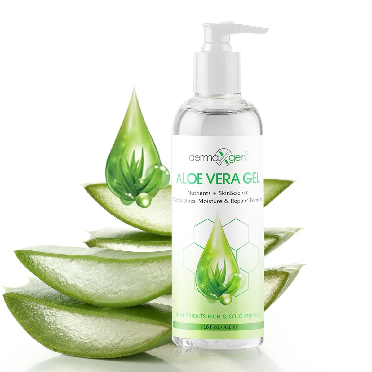 DERMAXGEN Gel Aloe Vera en bouteille pour hydratation visage et corps.