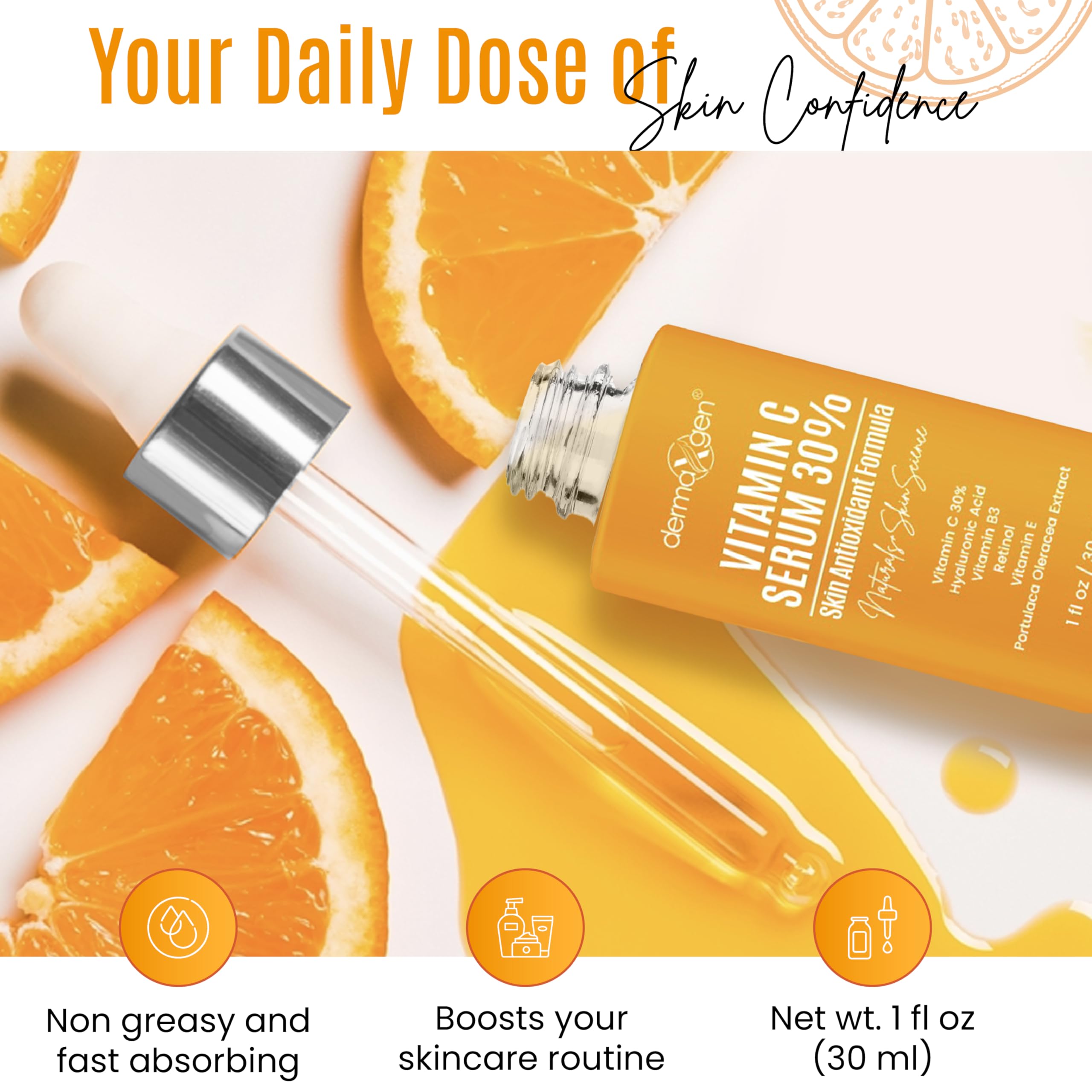 DERMAXGEN Sérum Vitamine C 30% – absorption rapide avant le maquillage