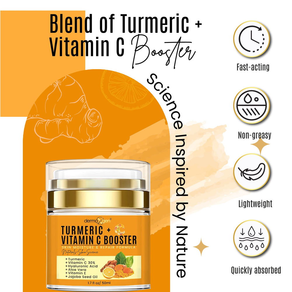 DERMAXGEN Turmeric cream open jar highlights clean, plant-based ingredients.