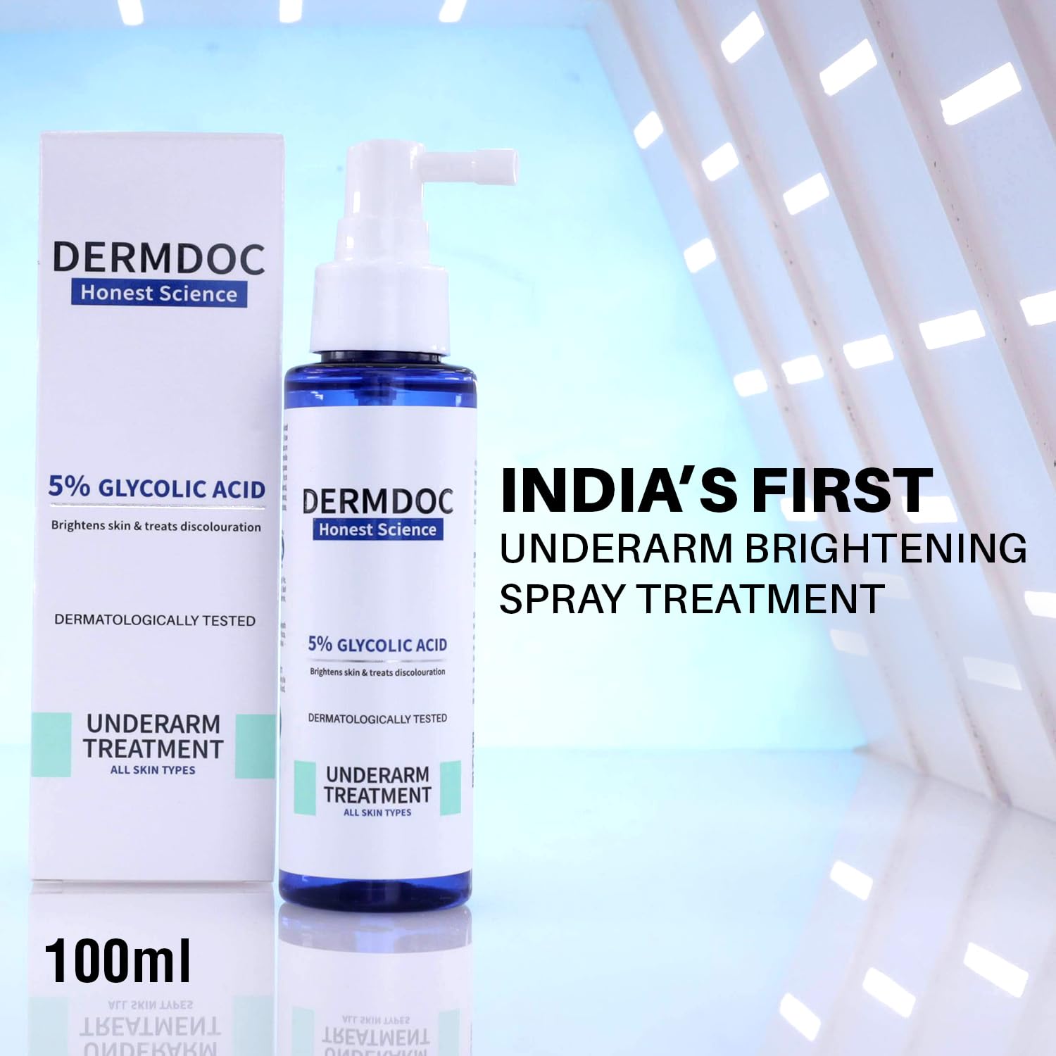 DermDoc bouteille pulvérisateur montrant l’exfoliation acide glycolique des aisselles.