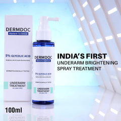 DermDoc bouteille pulvérisateur montrant l’exfoliation acide glycolique des aisselles.
