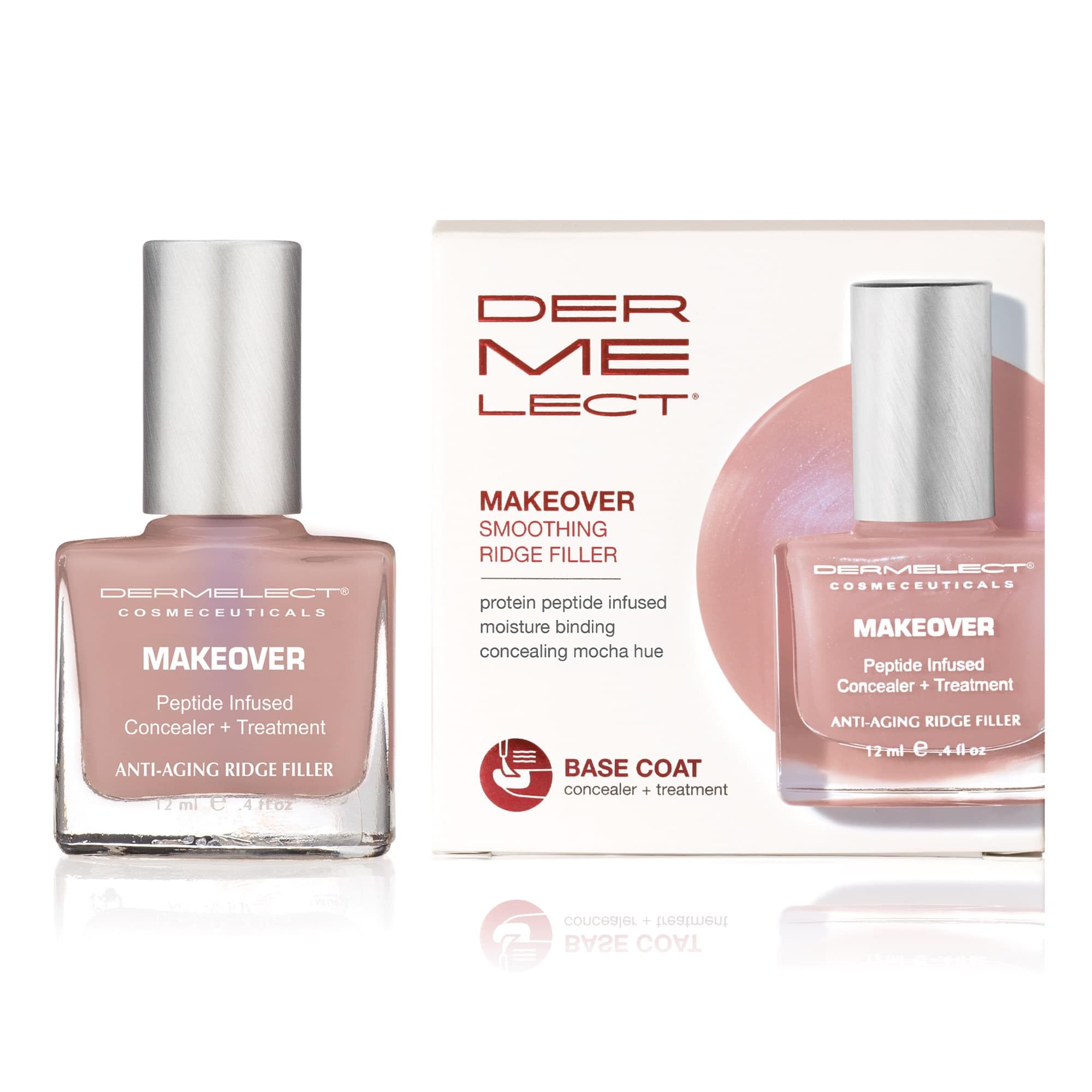 Dermelect MAKEOVER Ridge Filler Mocha – bouteille: finition lisse et renforce les ongles.