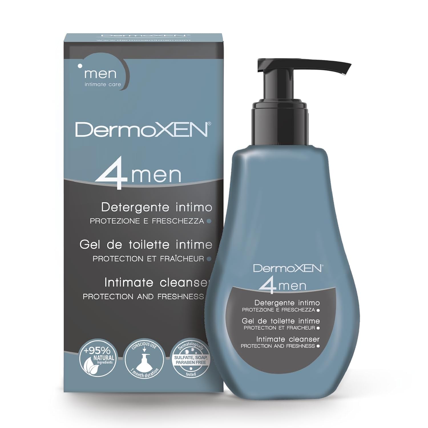DERMOXEN 4Men – bouteille bleue, lavage quotidien pour fraîcheur durable.