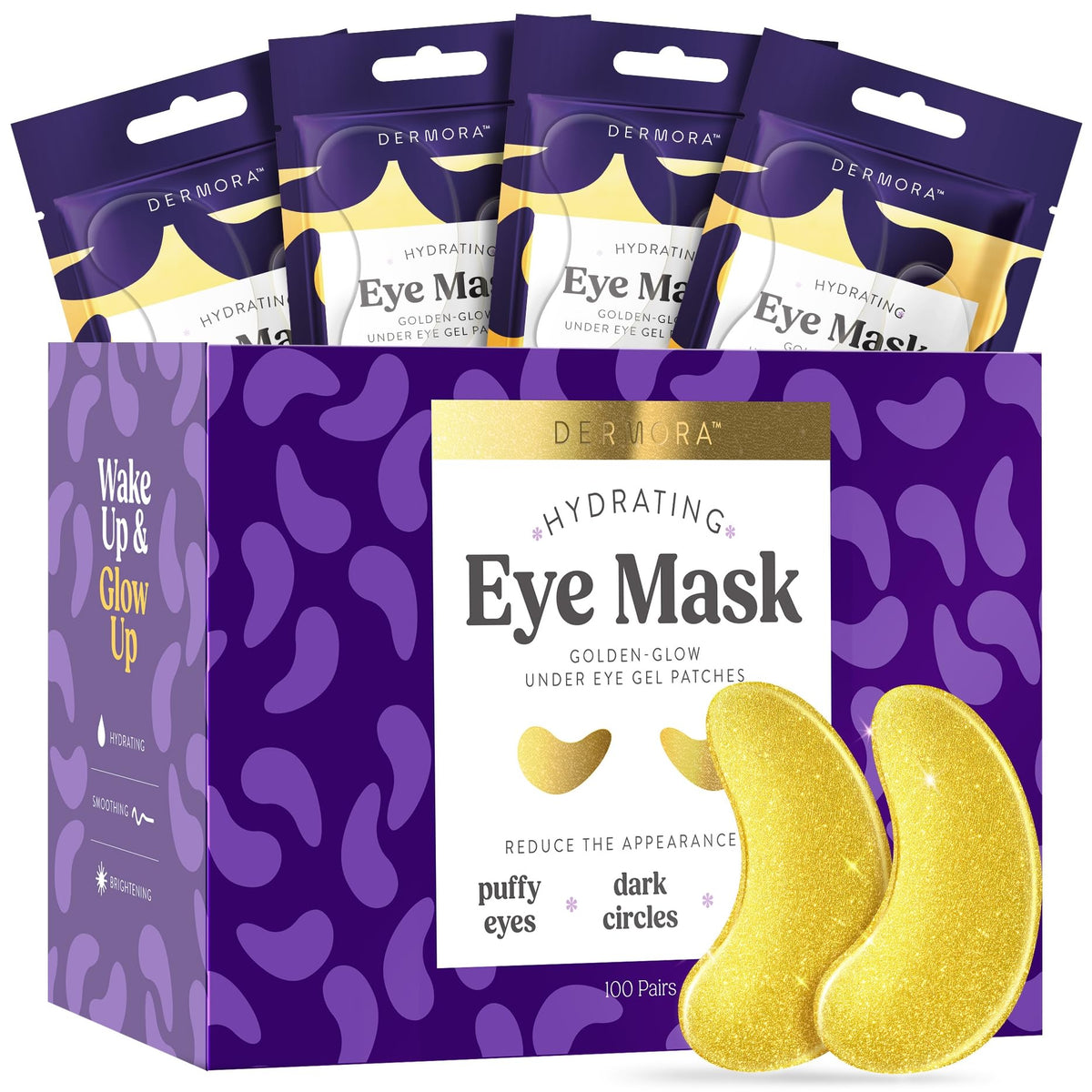 Patchs yeux dorés Dermora sur boîte, regard rafraîchi potentiel.