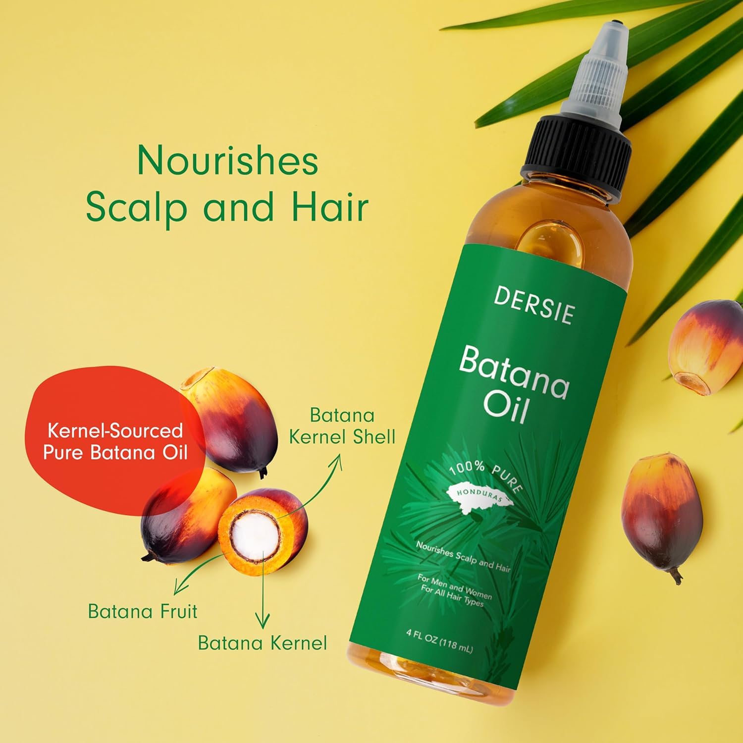 Bouteille Dersie Batana, huile pure d'origine hondurienne pour nourrir les cheveux.