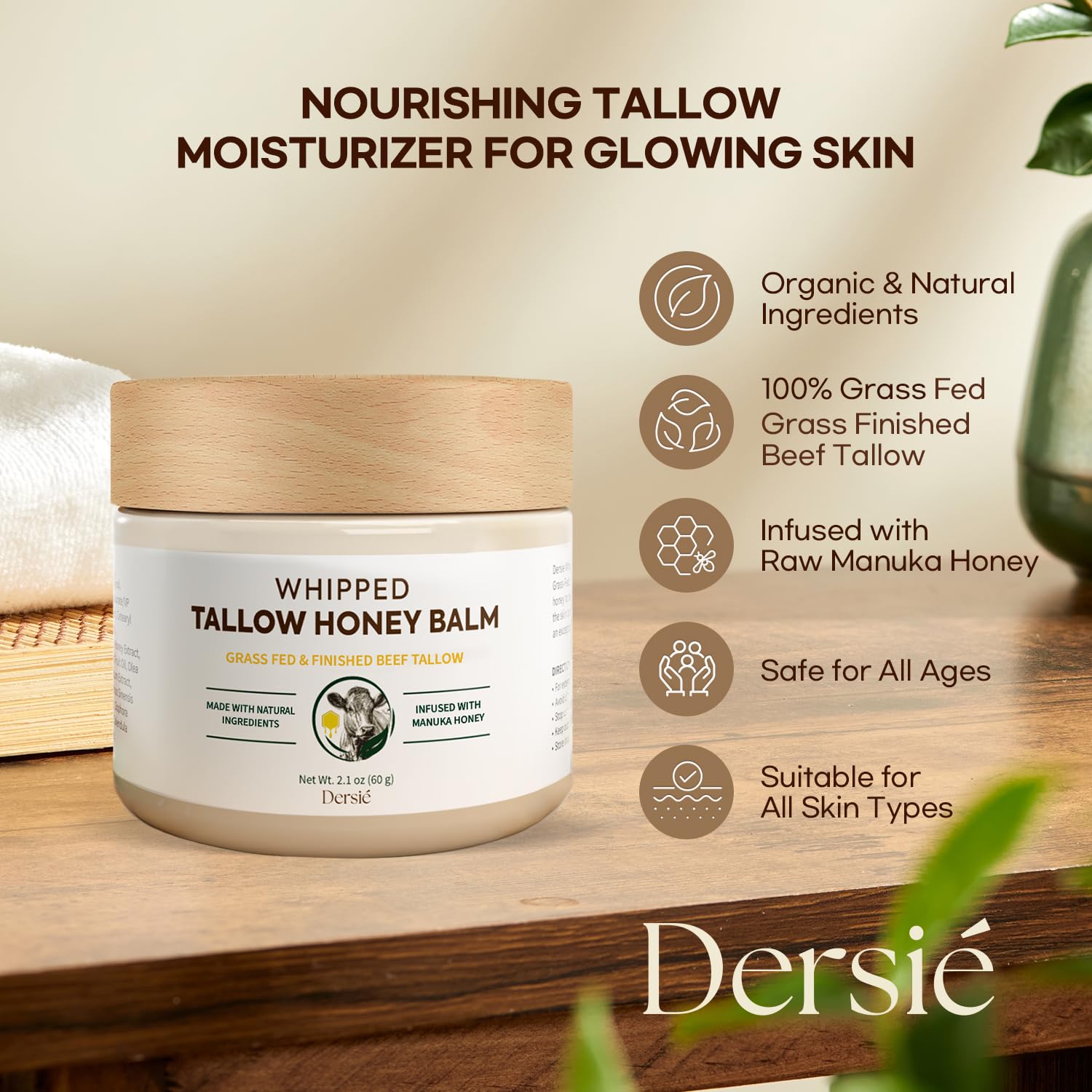 Composition naturelle Dersie: gras boeuf, miel Manuka et jojoba.