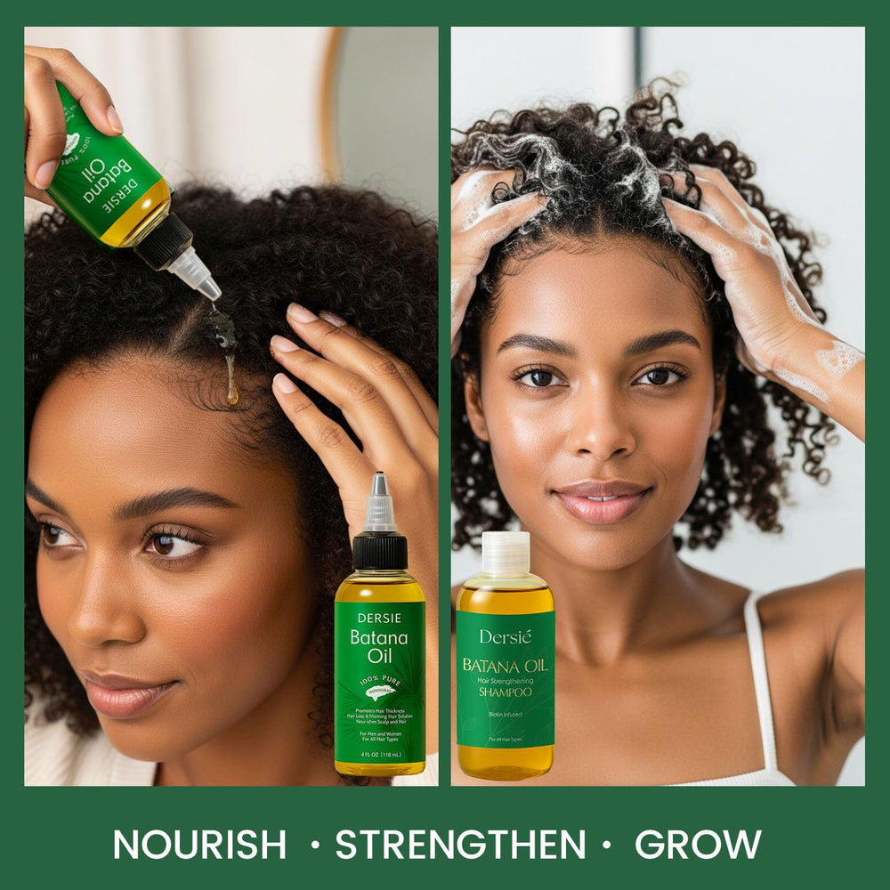 Dersie Shampooing Batana : flacon infusé pour nettoyer en douceur tout en hydratant.