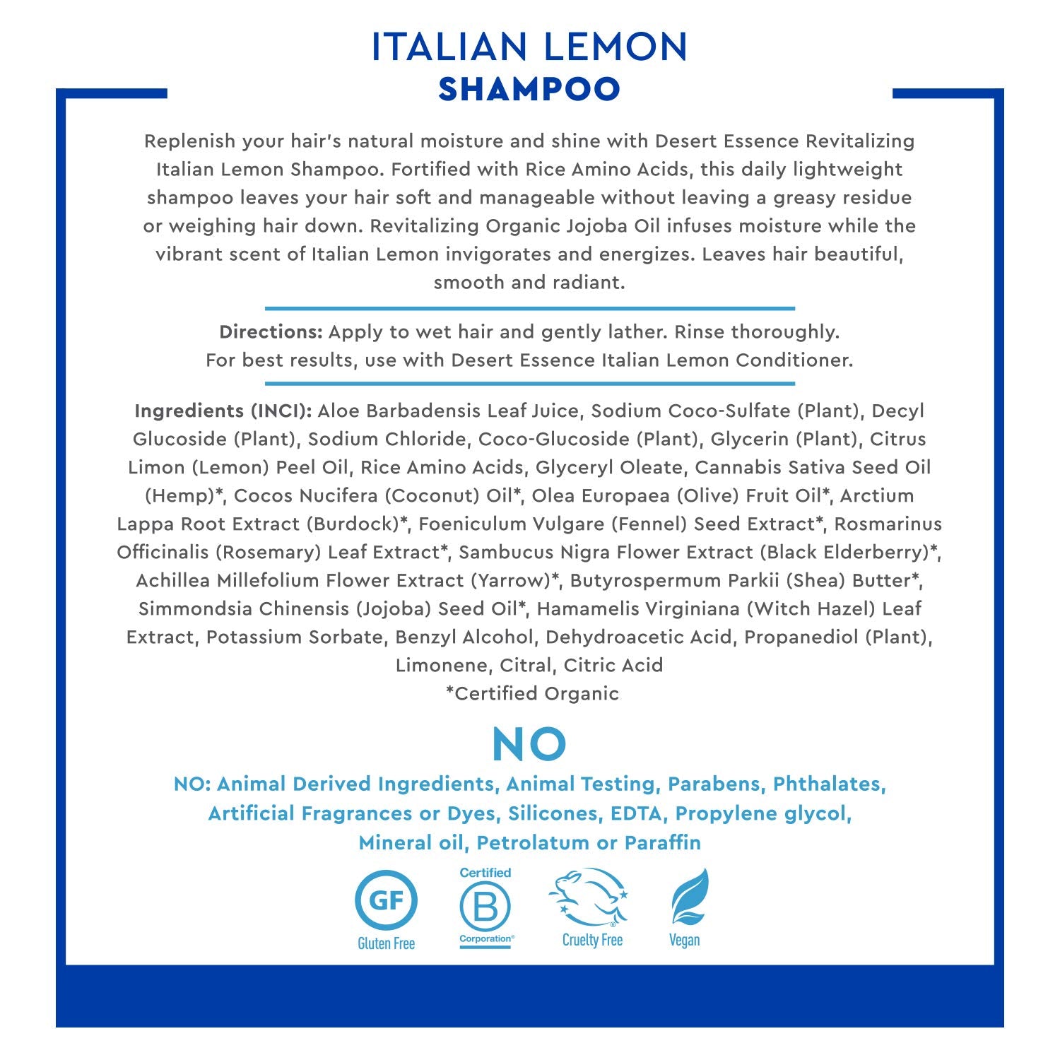 Desert Essence Shampoing Citron Italien—cheveux propres et démêlés facilés.