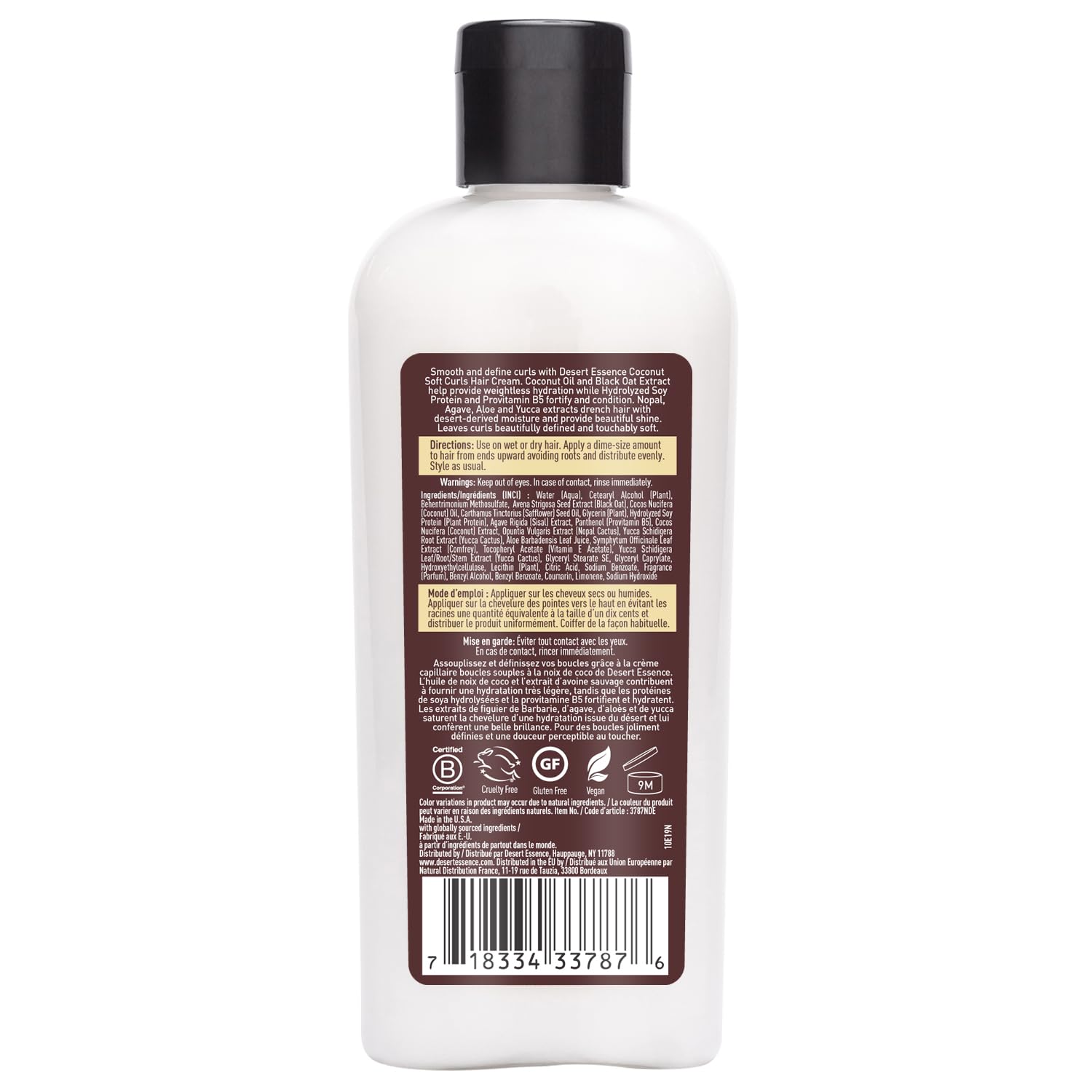 Desert Essence Coconut Soft Curls, définition et brillance accrues pour cheveux bouclés.