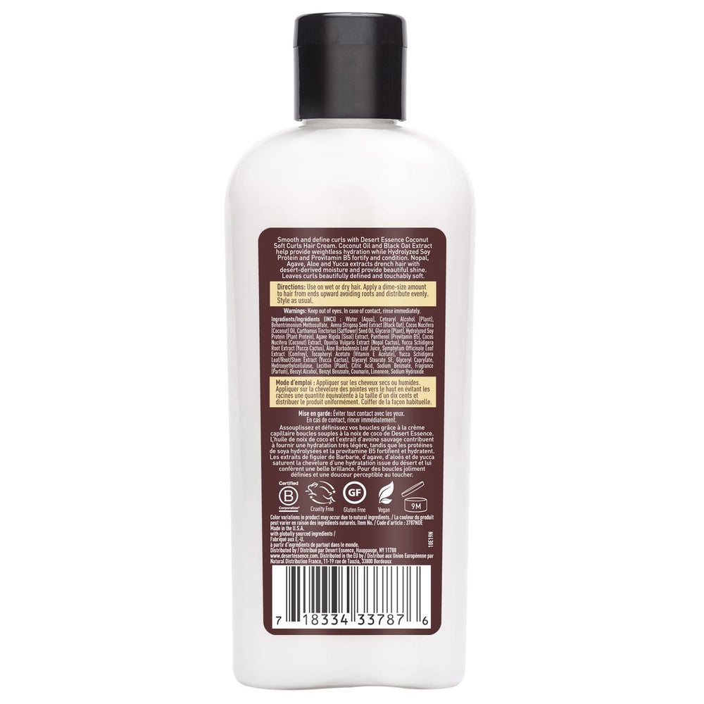 Desert Essence Coconut Soft Curls, définition et brillance accrues pour cheveux bouclés.
