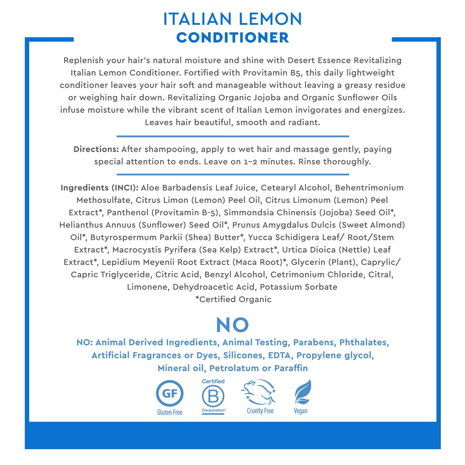 Desert Essence Conditionneur Citron Italien – application facile et parfum frais.