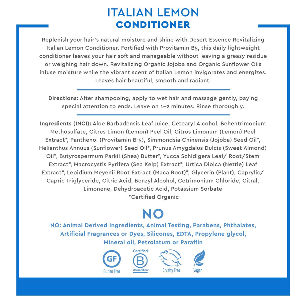 Desert Essence Conditionneur Citron Italien – application facile et parfum frais.