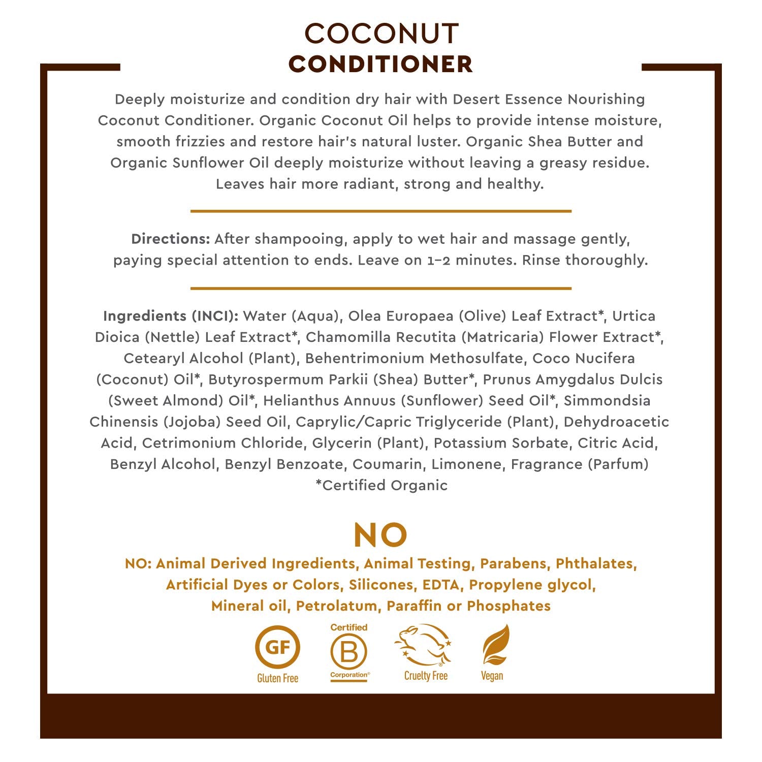 Desert Essence Conditionneur Noix de Coco, hydratation intense pour cheveux secs et abîmés.