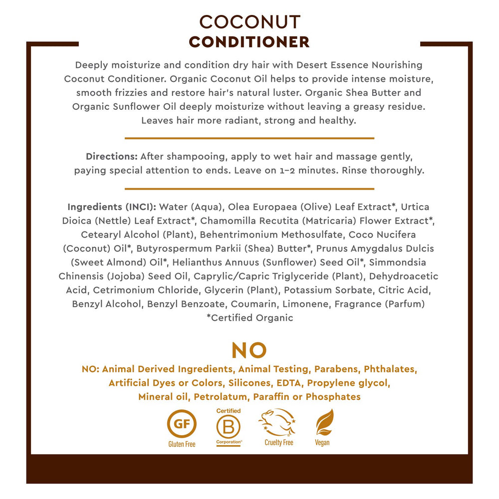 Desert Essence Conditionneur Noix de Coco, hydratation intense pour cheveux secs et abîmés.