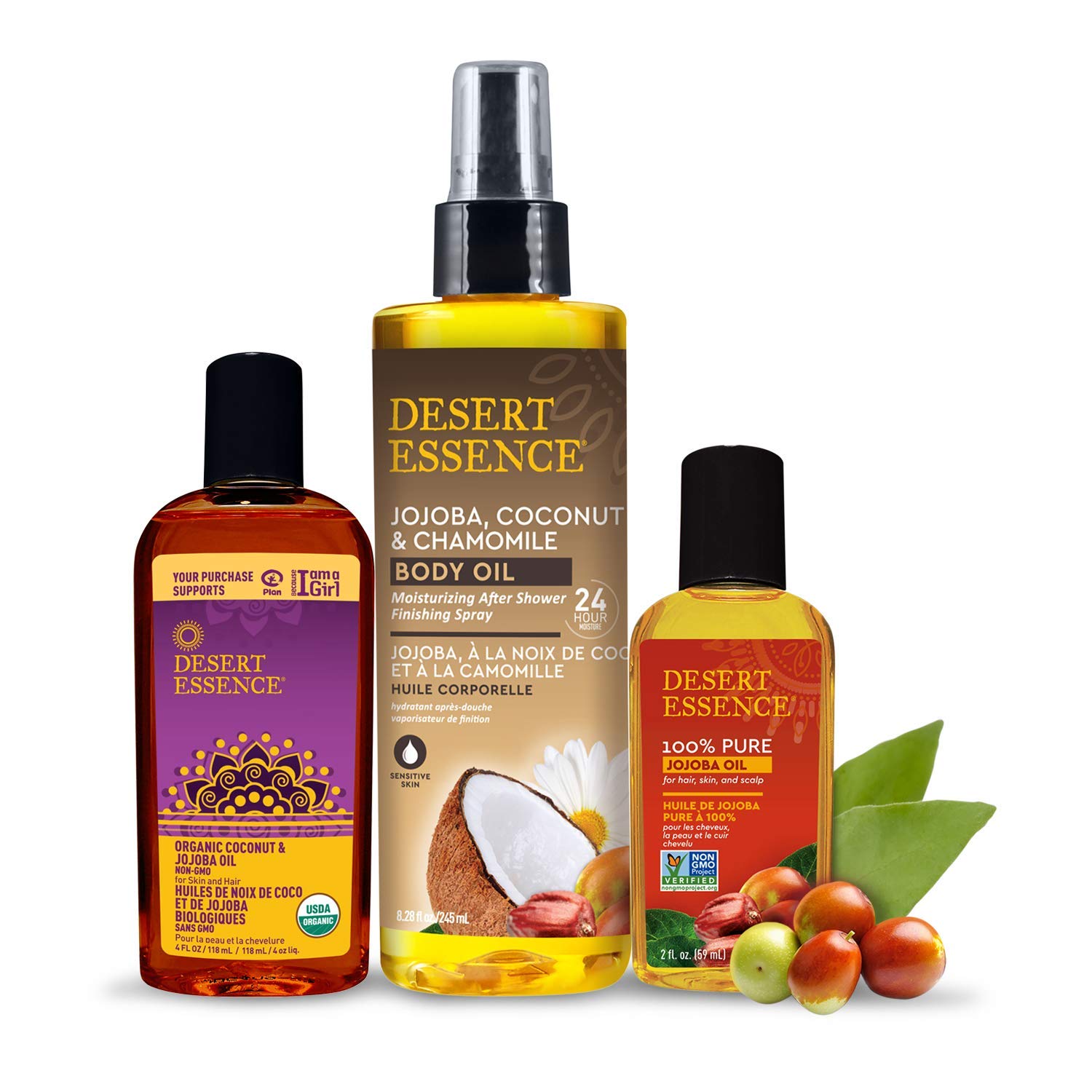 Étiquette indiquant fabrication aux États-Unis, Desert Essence Jojoba Pure.