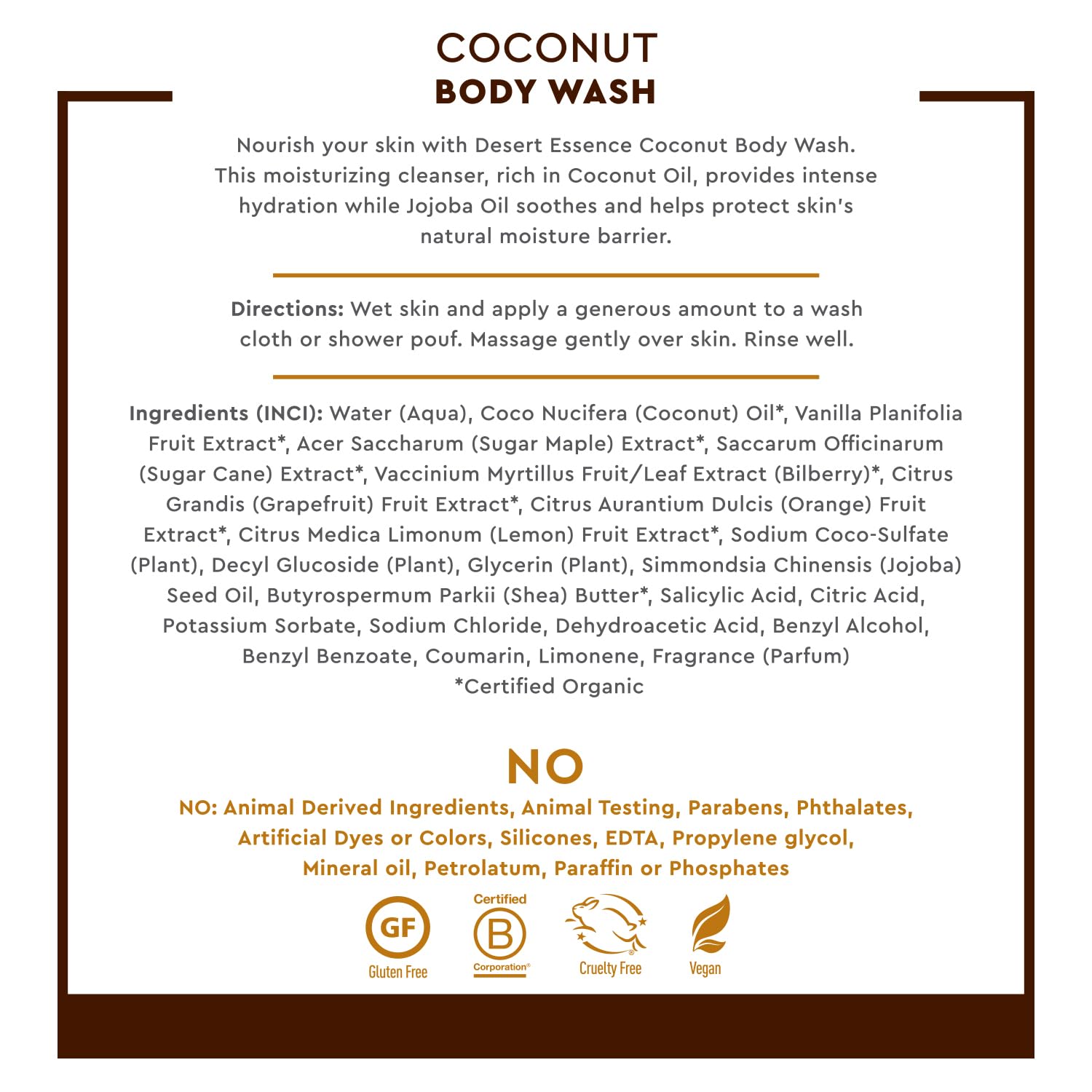 Desert Essence Gel Douche Coco, flacon et huile jojoba, hydratation douce.