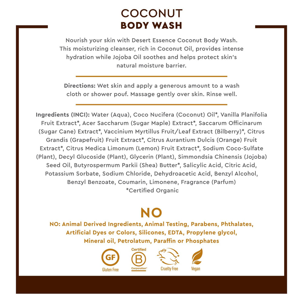 Desert Essence Gel Douche Coco, flacon et huile jojoba, hydratation douce.